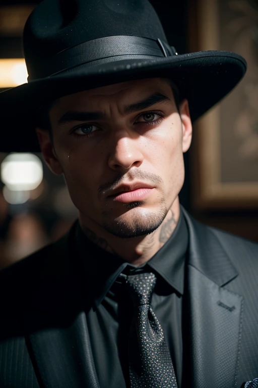 Huge man, gangster, black hat with brim in the style of the 30s, strict black suit, in an old bar, threatens , eye contact, looks at the viewer, masterpiece, best quality, perfect detail, perfect face detail, perfect eye detail, perfect detail  skin, depth of field, ideal lighting