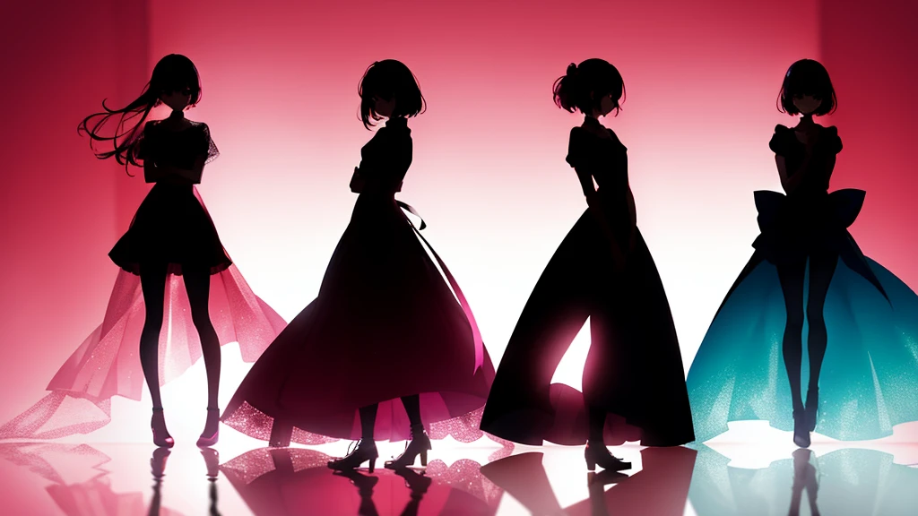 three girl silhouette's standing, dark pink background, facing viewer, cute, facing viewer, bad_apple
