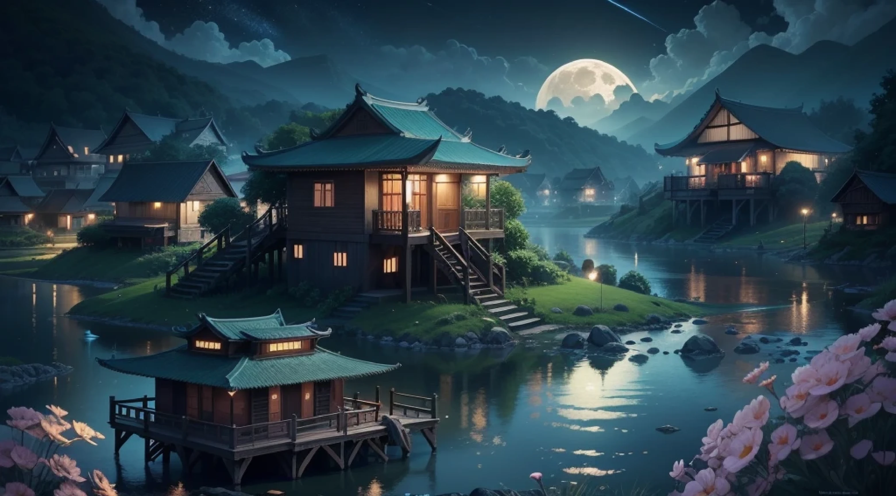 Night view of some Asian houses, vietnam, vietnam, Ha Giang, themoon, lake in foreground, calm evening, green and blue, Digital illustration, 4k highly detailed digital art, nighttime scene, Anime art wallpaper 4k, Anime art wallpaper 4k, 4k detailed digital art, nighttime nature landscape, Anime art wallpaper 8 K, background artwork, Beautiful Art UHD 4K, 4 k hd illustrative wallpaper