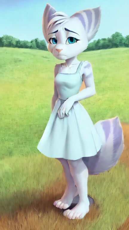 Furry Rivetlombax posing in an open field. (((She’s wearing a light blue sundress with a knee length skirt.))) (((Her tail emerges from a small hole in her dress.))) (((She is shown with two human feet, each with five toes.))) (((Her fluffy tail must be visible.))) (((She is shown standing in an open field with her arms at her sides, looking at the viewer with a very sad and heartbroken expression on her face.)))