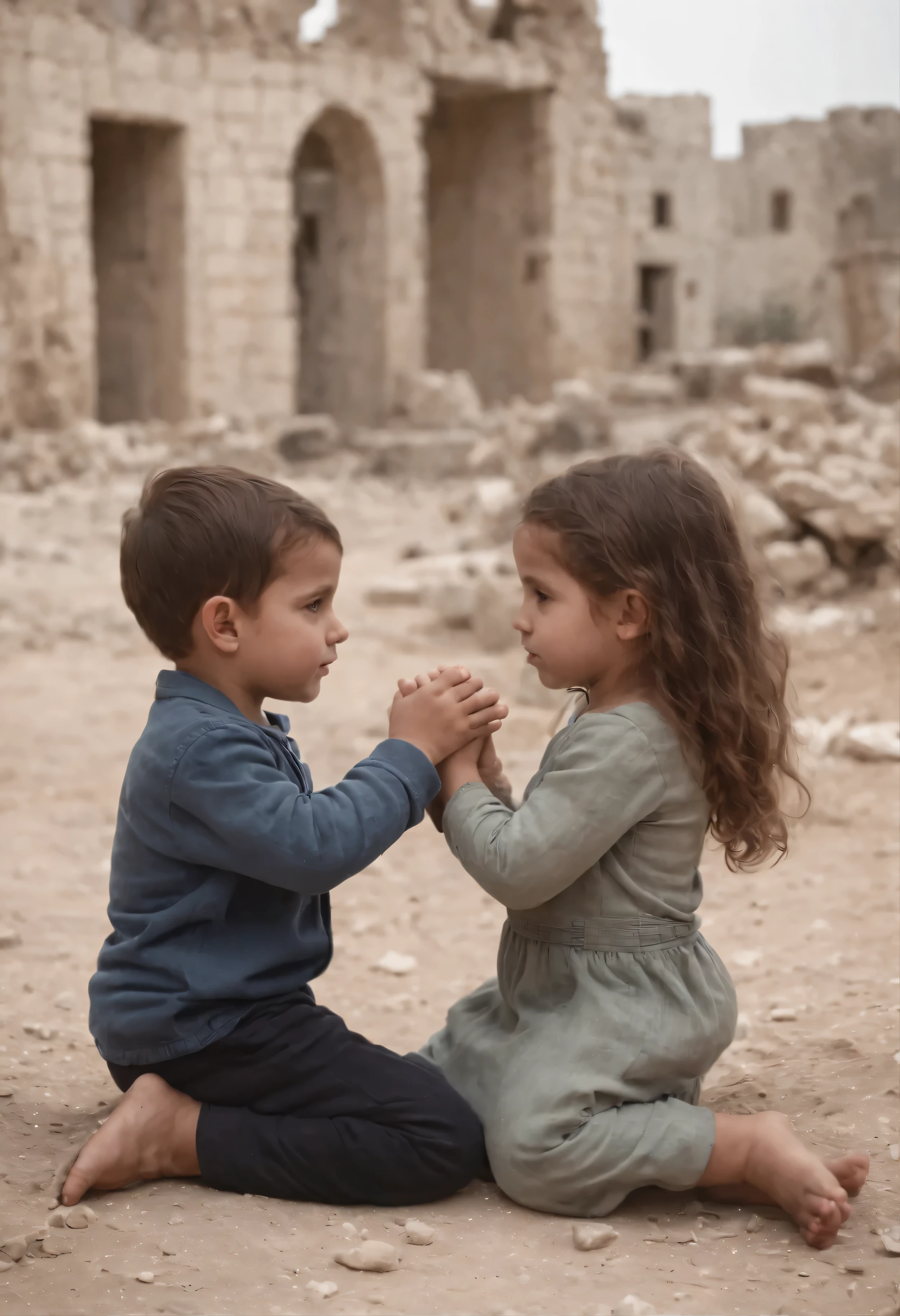 a three years old palestinian boy and a five years old Israeli girl , holding each others hands, sitting on the ruined ground looking at the war, and all they want is peace