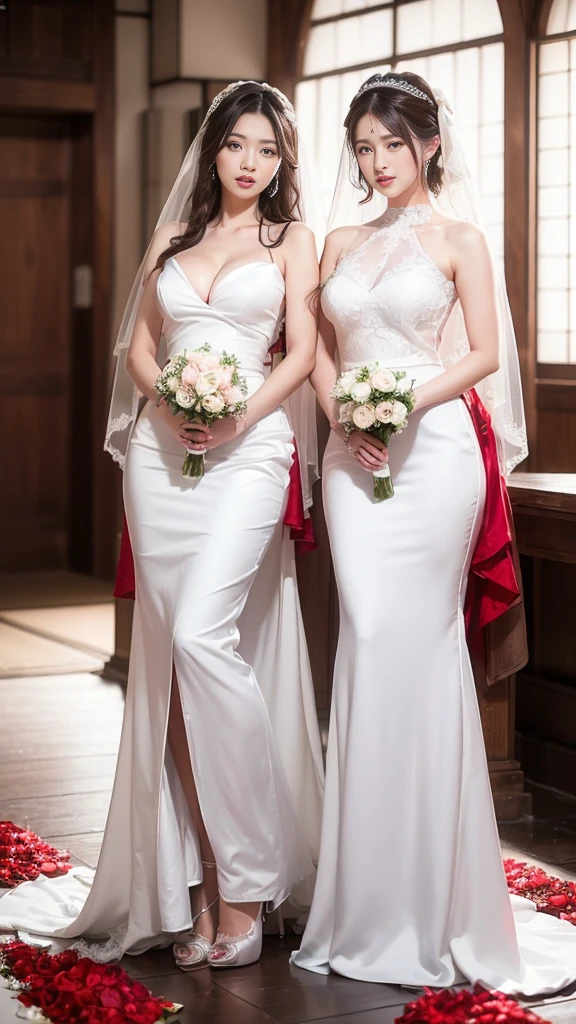 (8k, RAW photo, best quality, masterpiece:1.2),(realistic, photo-realistic:1.37),(Ultra-realistic 8k CG: 1.2), Ultra High Resolution, (two girls, a Japanese girl and an Indonesian girl:1.6), bare shoulders, Cinematic lighting, (red longdress wedding dress:1.5),(SFW:1.3),(Full Body:1.7),(cute face:1.3),(big breasts:1.3),(high heels:1.3),(big hips1.3), (medium thighs:1.3),(covered breasts:1.3),(bust cleavage:1.1),(lipgloss:1.3),(Cute eyes:1.3),(Red lips:1.3),(Smooth skin texture:1.3),( Precise and perfect human anatomy: 1.3),(Beautiful and perfect facial features: 1.3), (Long eyelashes: 1.3),(Red lips: 1.3),(Shiny and textured lips: 1.3),(Smooth skin texture: 1.3),(earrings: 1.3),(Beautiful detailed eyes: 1.3),(Natural Color Lips: 1.3),(Beautiful face: 1.3),(Wedding Bridal Veil With Comb:1.6),(Wedding Garte:1.6),(Wedding Hair:1.6)