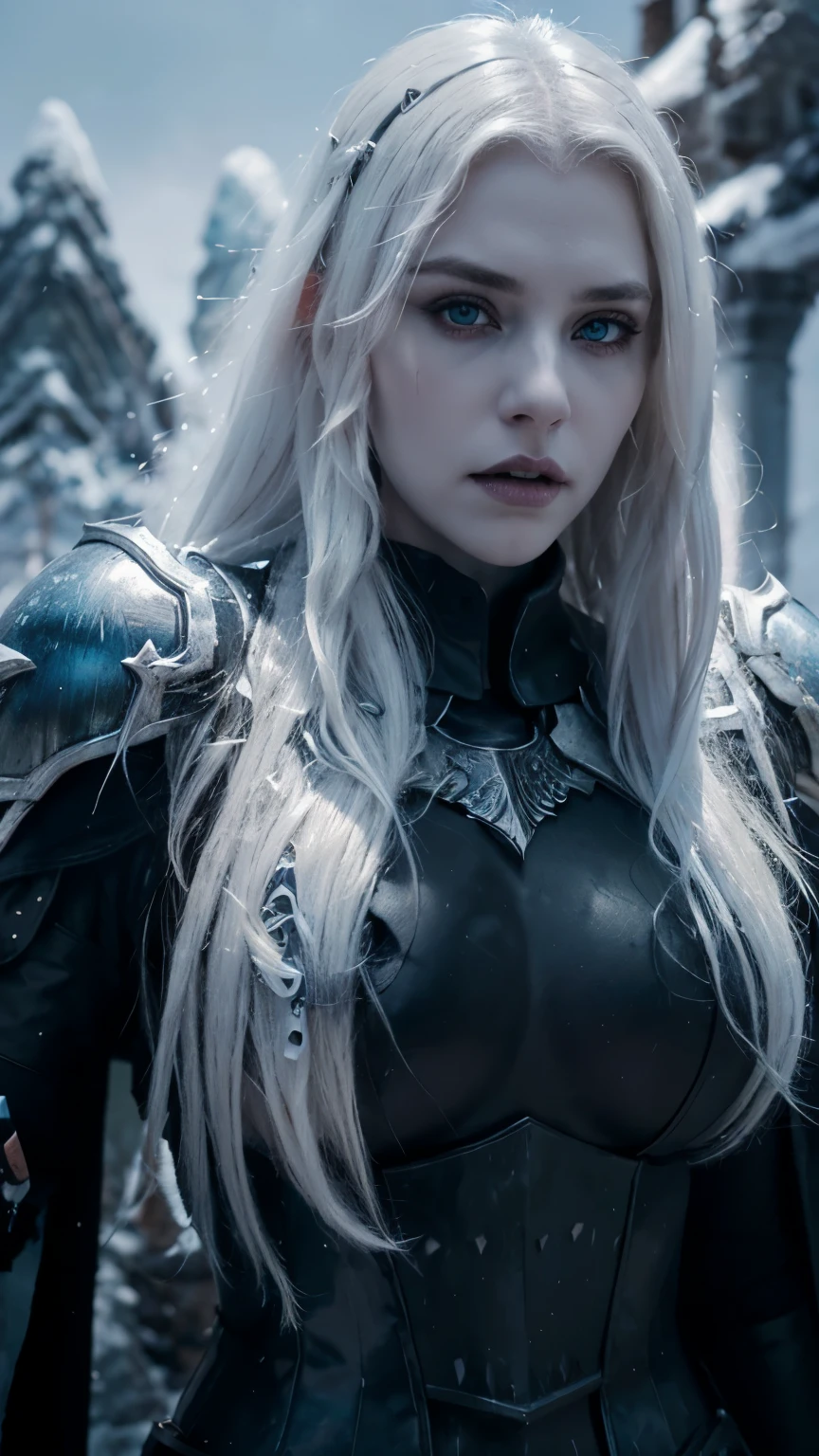 A portrait photo of beautiful girl, undead girl, scary face, pale white skin and white hair, blue eyes, developed body, wearing heavy death knight armor , black colored armors, the armors is highly detailed engraved and embossed. Black furry cape, ice hills background, snowy and icy environment, hyper realistic photo, medium shot, fantasy photo