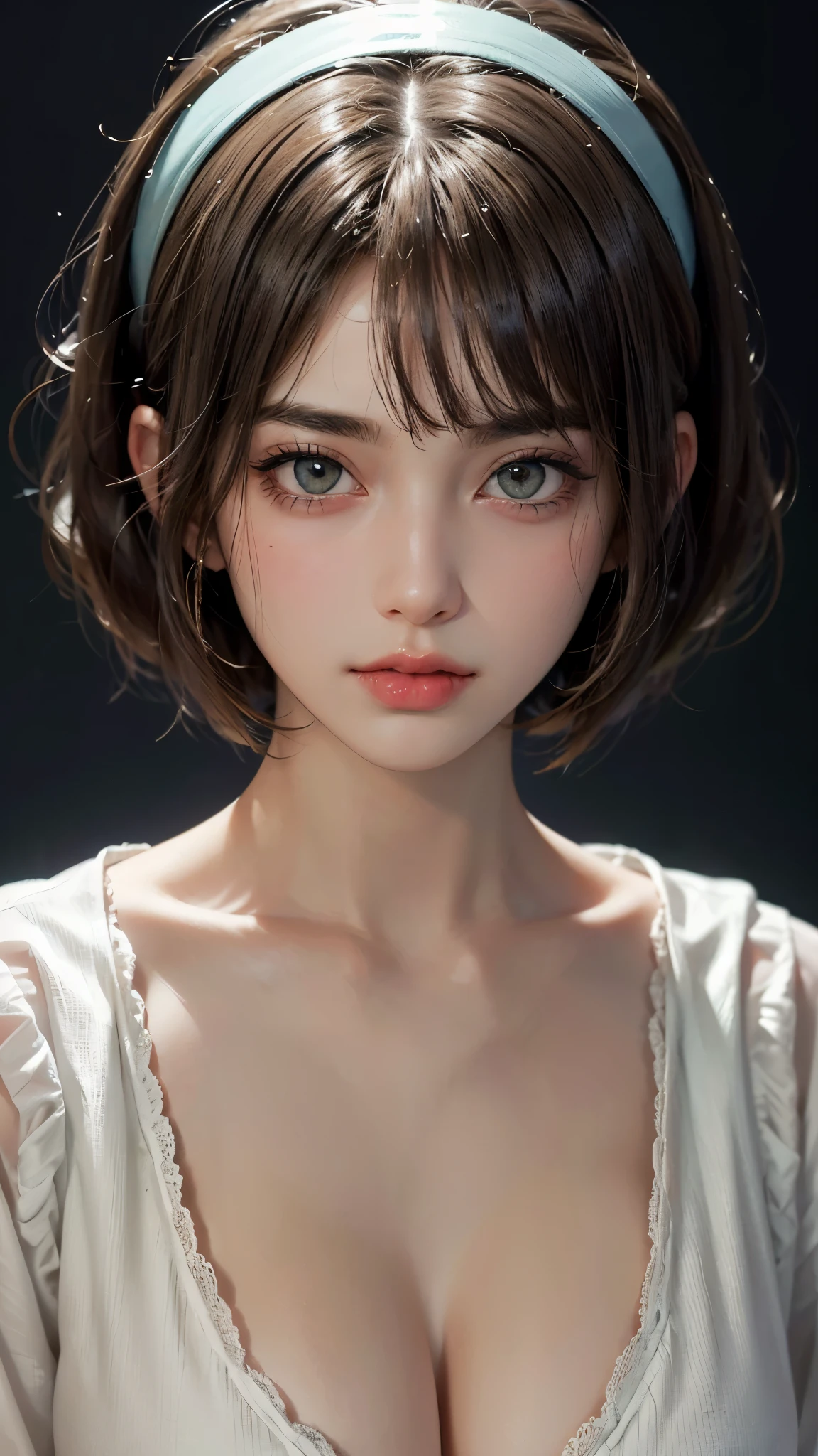 (UHD, retina, masterpiece, accurate, anatomically_correct, textured_skin, super_detail, high_details, high_quality, best_quality, high_res, 1080P, HD, 4K, 8k, 16k), (beautiful_detailed_eyes, beautiful_detailed_lips, extremely_detailed_eyes_and_face), (soft_lighting:1.5), physically-based_rendering, vivid_colors, (large_breasts:1.5), (shiny_hair, shiny_skin, tanned_skin, blush), (bangs:1.5), eye_reflection, (bokeh), (pout, bob_cut, hairband, blouse:1.5),