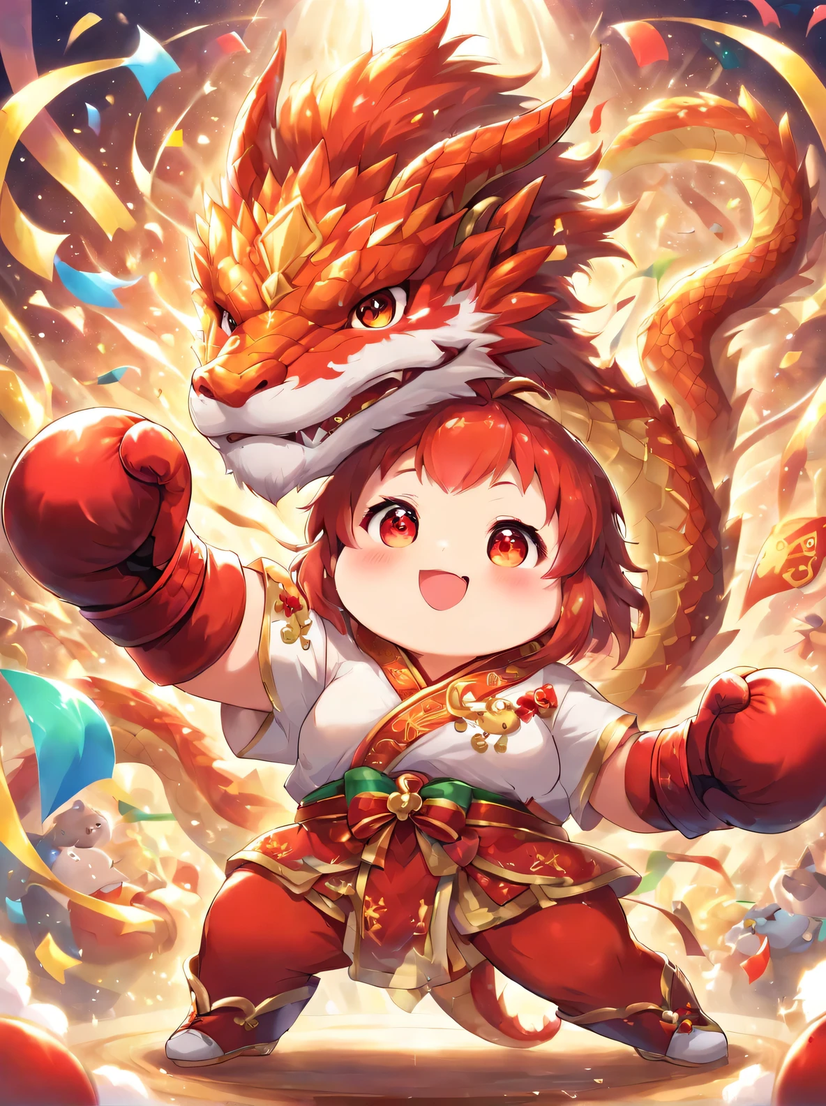 Boxing Dragon presents delightful and whimsical scenes, Anthropomorphic in a chibi style, take center stage. This adorable creature is dressed in bright red, Kaneko, and white, Symbol of joy, luck, and purity. Its round, The chubby body and oversized head make it look irresistibly cute, And its little fists are wrapped in boxing gloves. The dragon&#39;s face is decorated with playful expressions, Keep your eyes open, red face, and naughty smile. The air is filled with confetti and streamers, adding to the festive ambiance, When the dragon strikes a dynamic pose, Prepare to punch. Despite being petite, Dragon exudes confidence and determination, Show the indomitable spirit of a champion. The delightful fusion of boxing and mythical creatures embodies joyful celebrations, Capturing the essence of fun, Excited, Integrate harmoniously with cuteness.