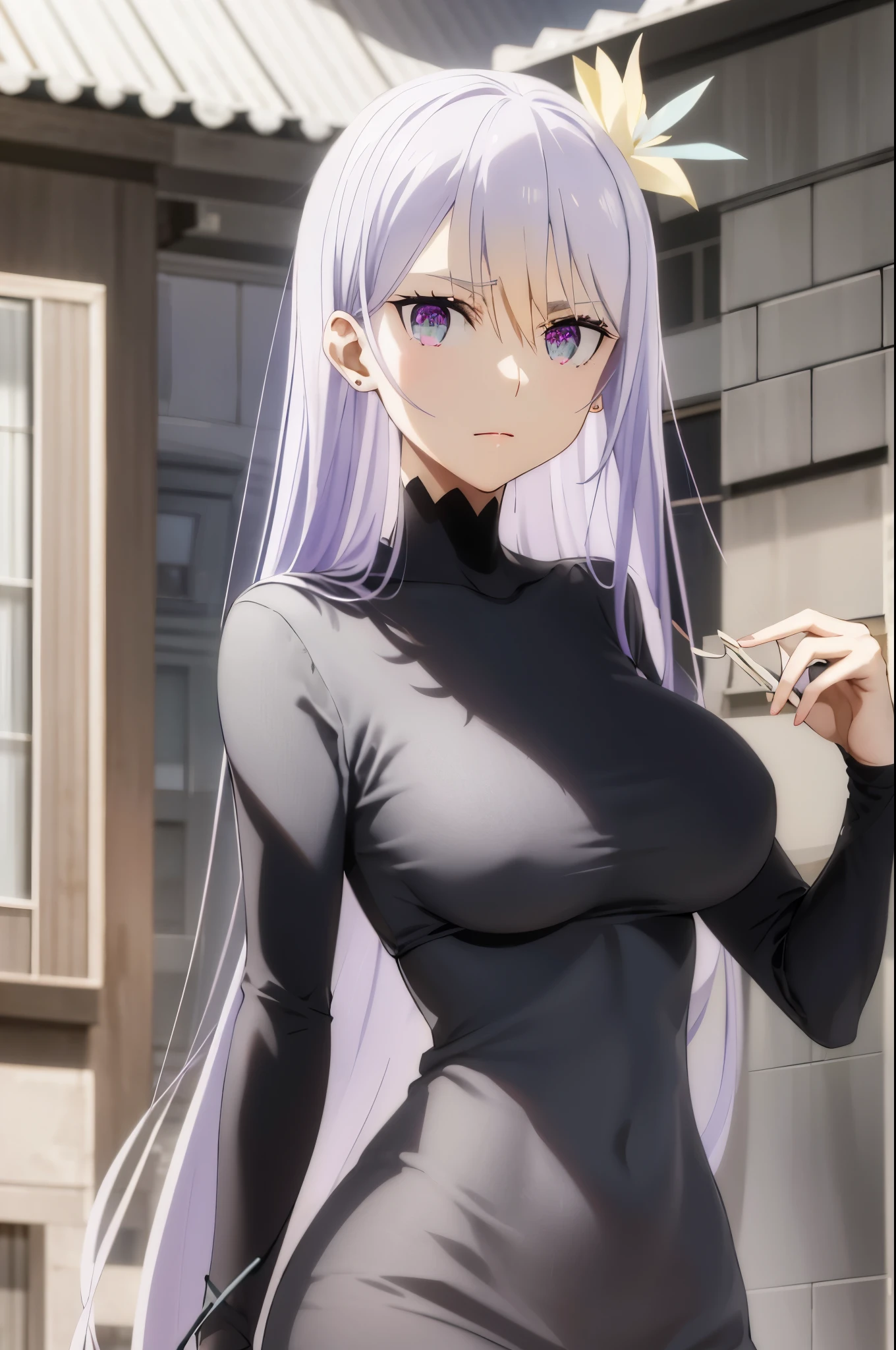 masterpiece, (best quality), 1woman,1girl ,reona, silver hair, purple hair , long hair, purple eyes, ,sexy woman,hair between eyes ,white sweater, (fully clothed), ((closed clothes)),jewelry, hair ornament, vibrant colors ,natural lighting ,RTX, large breasts, beautiful, (detailed face:1.2), showcase, (perfect eyes:1.1) ,(photorealistic:1.1), 8k uhd, looking a viewer, outdoors, simple backround,