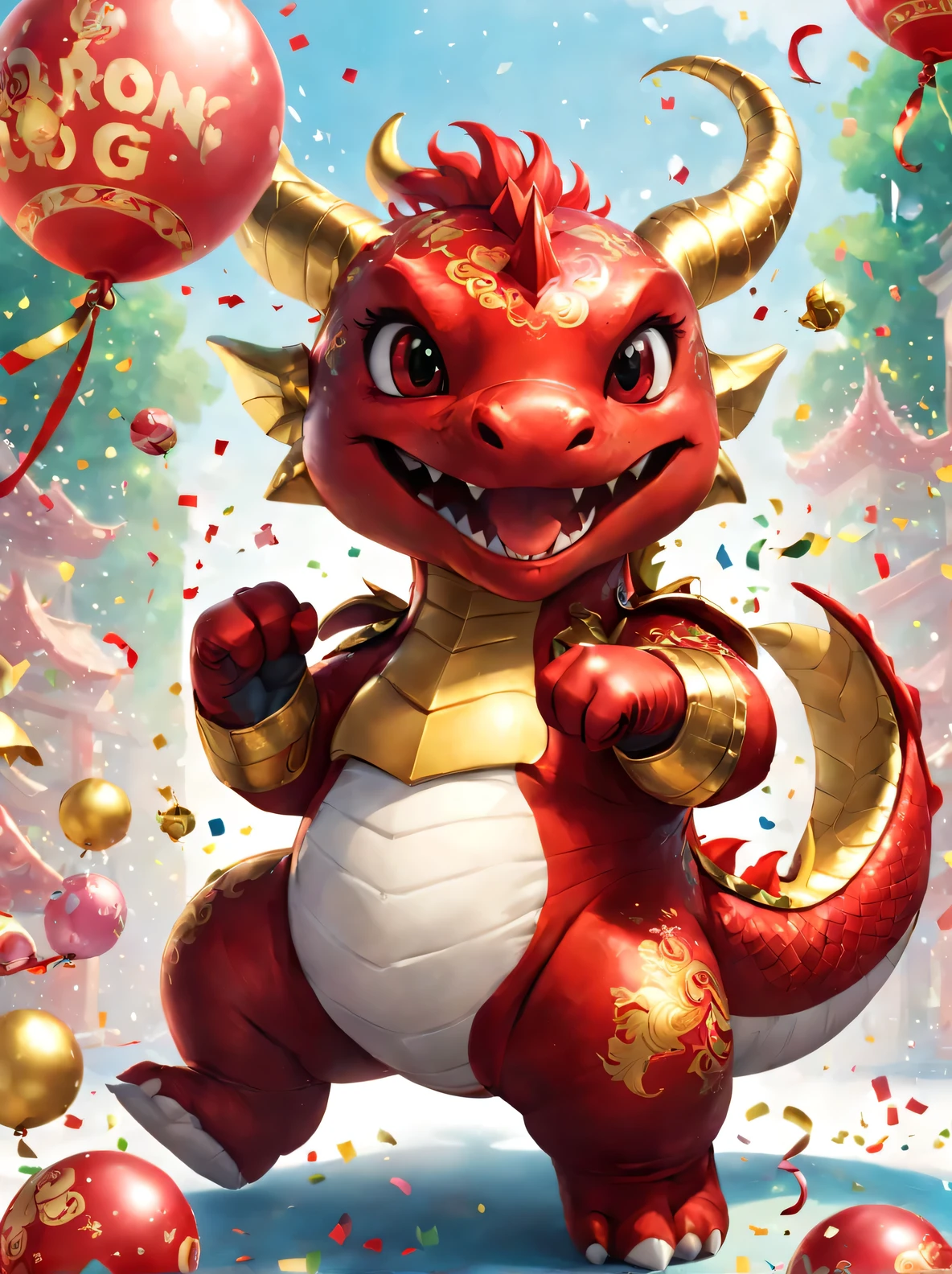 Boxing Dragon presents delightful and whimsical scenes, Anthropomorphic in a chibi style, take center stage. This adorable creature is dressed in bright red, Kaneko, and white, Symbol of joy, luck, and purity. Its round, The chubby body and oversized head make it look irresistibly cute, And its little fists are wrapped in boxing gloves. The dragon&#39;s face is decorated with playful expressions, Keep your eyes open, red face, and naughty smile. The air is filled with confetti and streamers, adding to the festive ambiance, When the dragon strikes a dynamic pose, Prepare to punch. Despite being petite, Dragon exudes confidence and determination, Show the indomitable spirit of a champion. The delightful fusion of boxing and mythical creatures embodies joyful celebrations, Capturing the essence of fun, Excited, Integrate harmoniously with cuteness.