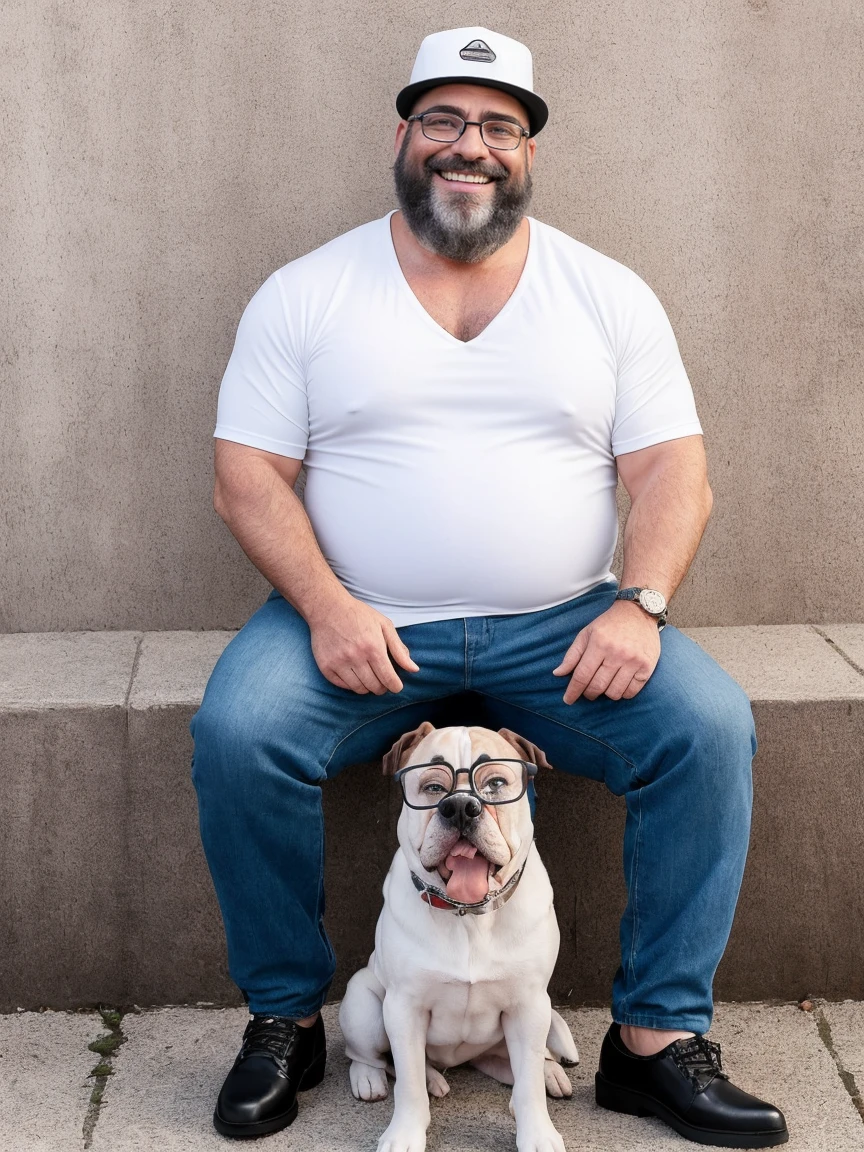 Veste roupas da moda, mesa,alta qualidade,altamente detalhado,cena intensa, solid, Gritty Reality Scenario for 42 Year Old Sexy Fat Bearded Man,cheio de suor,corpo todo,barriga grande, ((wearing prescription glasses or sport glasses )), smiling Laughing expression of great happiness, wearing a hat or wearing a hat on the head, ((Vestindo blusa de passeio, uma bermuda branco)),rosto atordoado,Abra as pernas, Florida square environment luxurious outdoor place, He walks his English Cocker Spaniel or English Bulldog, Dalmatians, collie, Maltese, he affectionately holds the dog in his arm or holds him petting him on his lap.