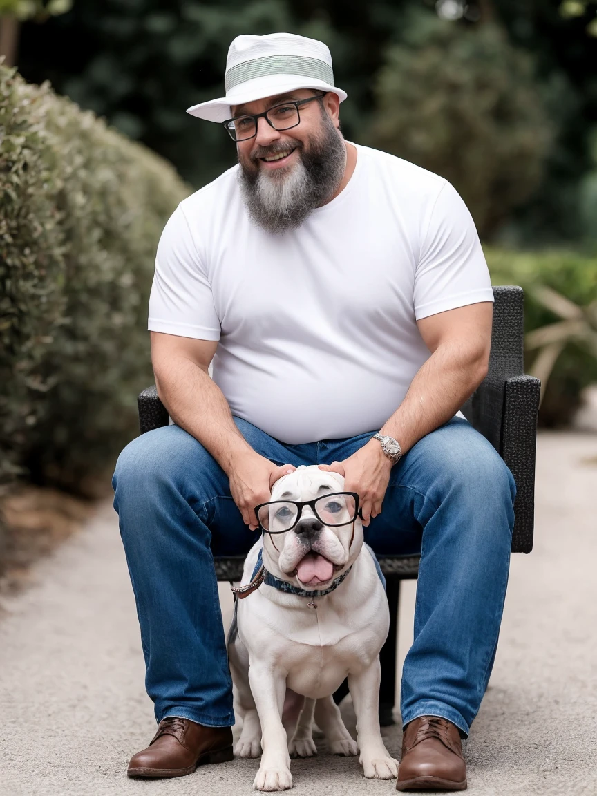 Veste roupas da moda, mesa,alta qualidade,altamente detalhado,cena intensa, solid, Gritty Reality Scenario for 42 Year Old Sexy Fat Bearded Man,cheio de suor,corpo todo,barriga grande, ((wearing prescription glasses or sport glasses )), smiling Laughing expression of great happiness, wearing a hat or wearing a hat on the head, ((Vestindo blusa de passeio, uma bermuda branco)),rosto atordoado,Abra as pernas, Florida square environment luxurious outdoor place, He walks his English Cocker Spaniel or English Bulldog, Dalmatians, collie, Maltese, he affectionately holds the dog in his arm or holds him petting him on his lap.