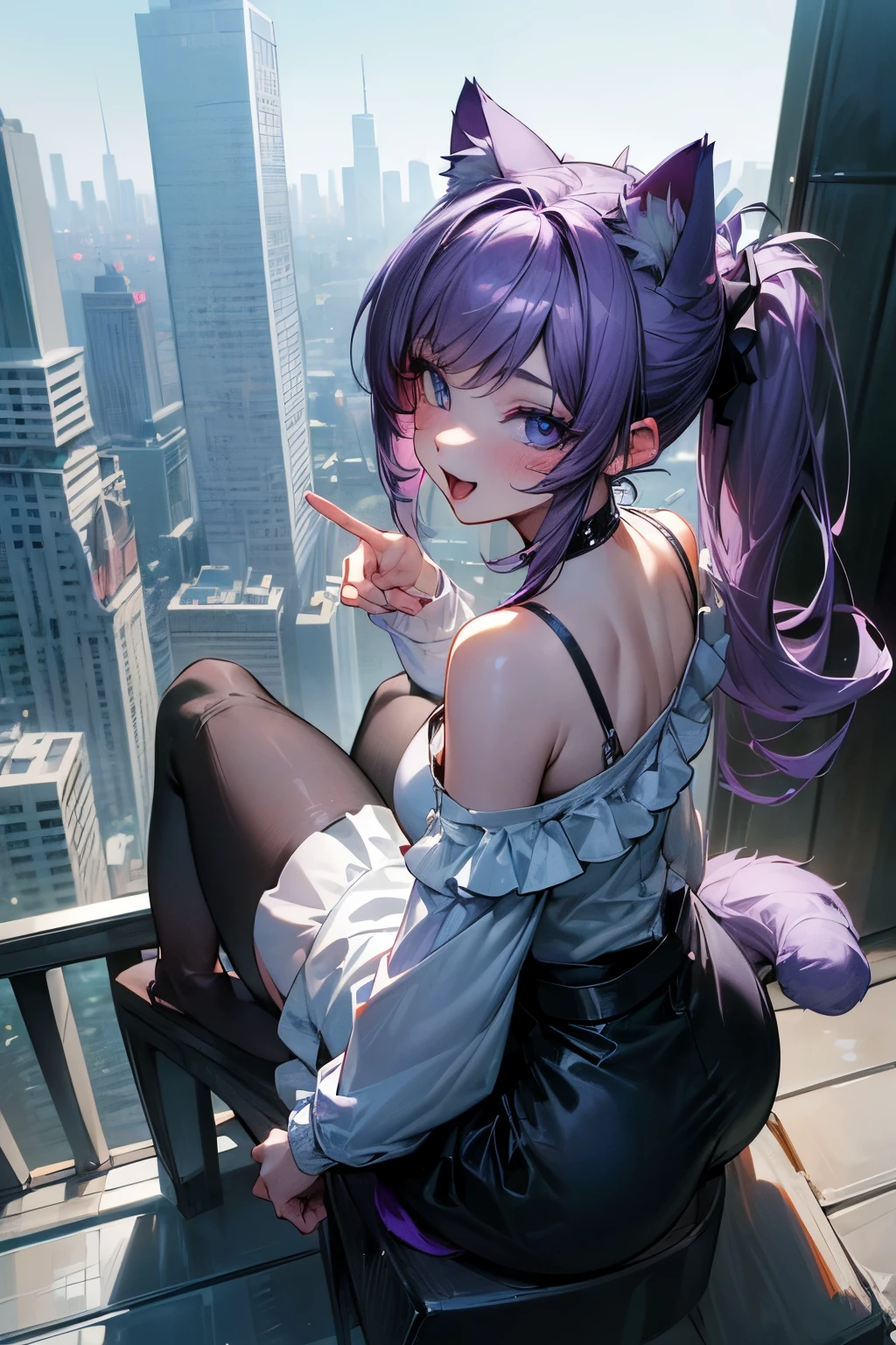 ((Masterpiece)), ((best quality)), (Professional Photography), from behind, (Photorealsitic:1.3), (super detailed), ((sitting on Skyscraper edge step, outdoor)), open mouth and laughing, 1girl, cute, ((seductive Pose)), (put on cat ears), messy long ponytail, pale purple hair, cute eyes, (white sleeves), (Off-shoulder long sleeves), cityscape, high res, ((beautiful eyes)),