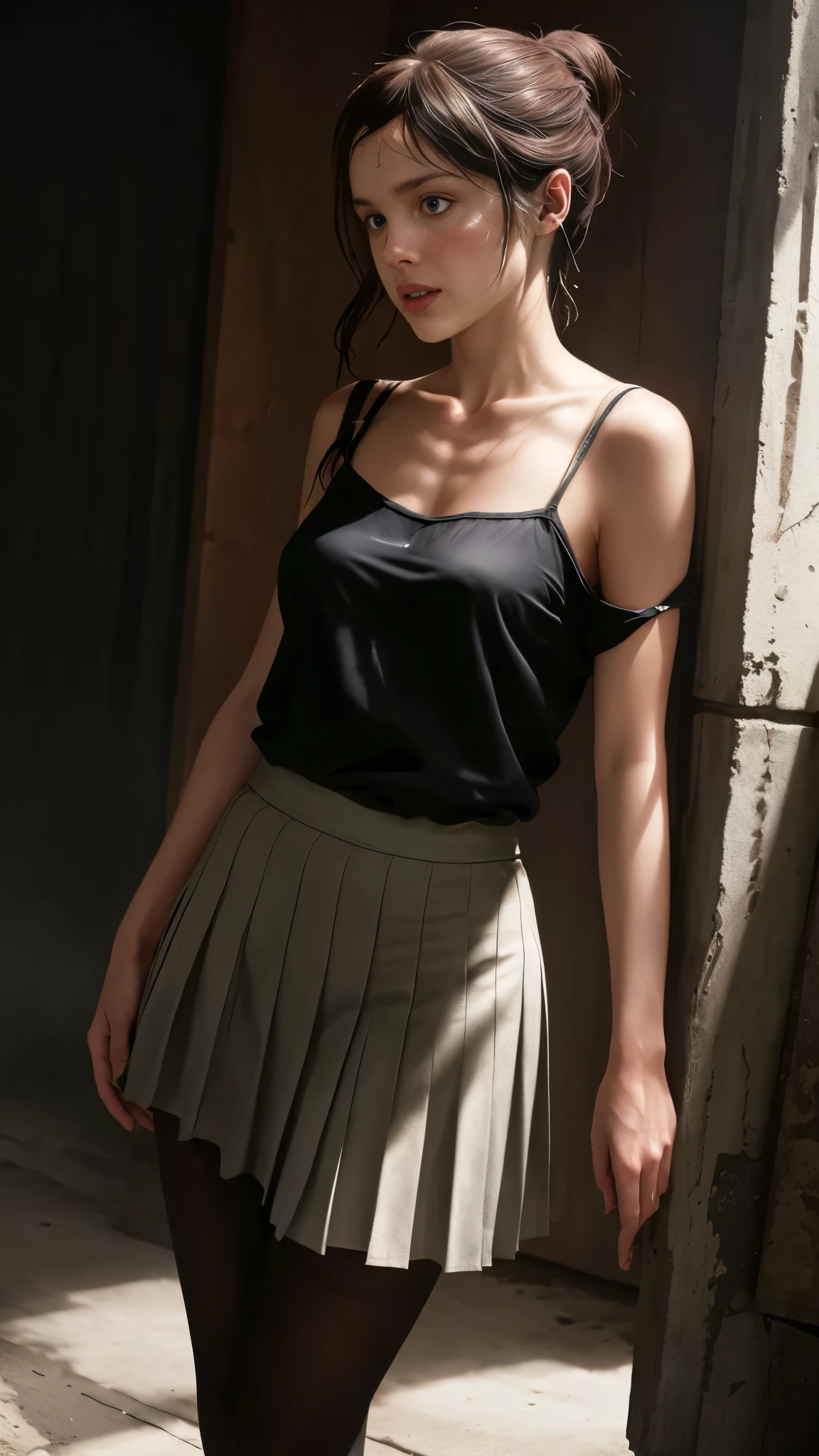 Ellie from The Last of Us, 13 years old, long hair: 1.3, ponytail, spaghetti strap blouse, pleated skirt, pantyhose, small breasts, fair skin, photorealistic