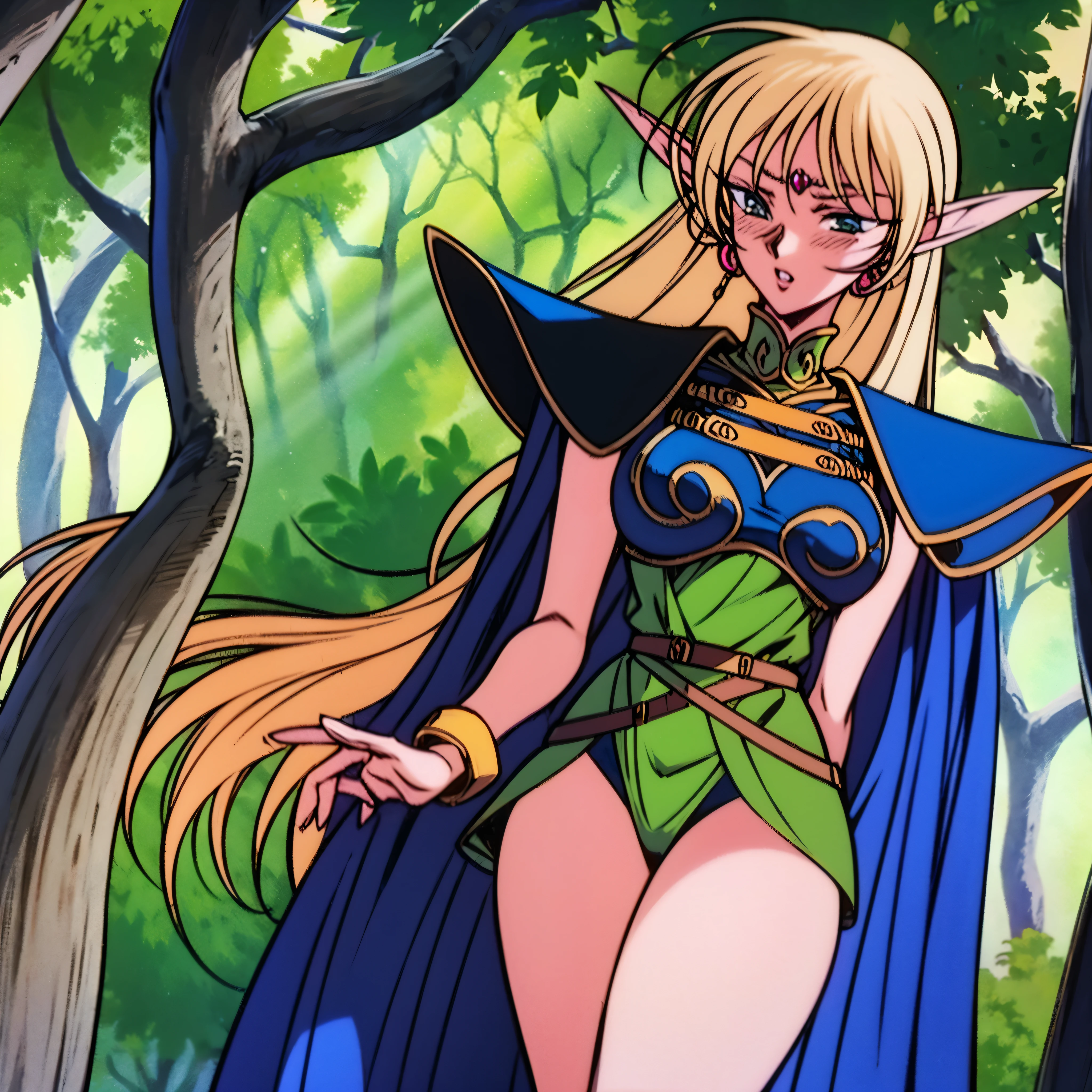 ANI_CLASSIC_deedlit_ownwaifu www.ownwaifu.com,(extremely detailed fine touch:1.2) Elf (natural light, sun light, light rays, dappled light, ray tracing:1.2), mature female , masterpiece, ultra best quality, ultra highly quality , elf pointy ears, blonde hair, long hair, circlet, green eyes, long pointy ears, very long hair, breasts, medium breasts, earrings, lips, makeup, bangs, cape, armor, blue cape, shoulder armor, pauldrons, gloves, breastplate, belt, green dress, short dress, looking at viewer, blush, open mouth, standing, (Masterpiece, extremely detailed CG, sharp line),deedlit, offcial art, Colorful, Beautiful Japanese anime style,Extremely detailed eyes and face,Sharp pupils,realistic pupil,In the woods、cabellos largos dorados,Black lace panties,Slender thighs, varies multi etc. --v 6 --s 1000 --c 20 --q 20 --chaos 100