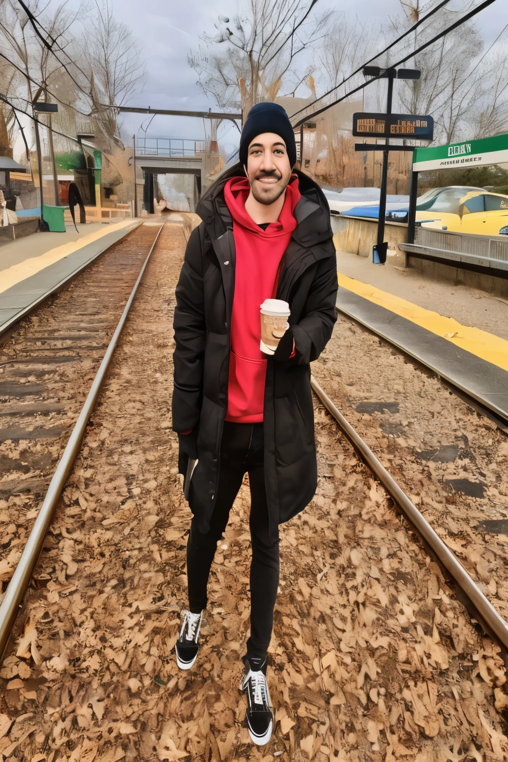 arafed woman standing on train tracks with a cup of coffee, cold as ice! 🧊, h3h3, red hoodie, with mustache, wearing a red hoodie, lucas graziano, eric cartman in real life, enes dirig, weather report style, with a park in the background, taken in the early 2020s, alex miranda