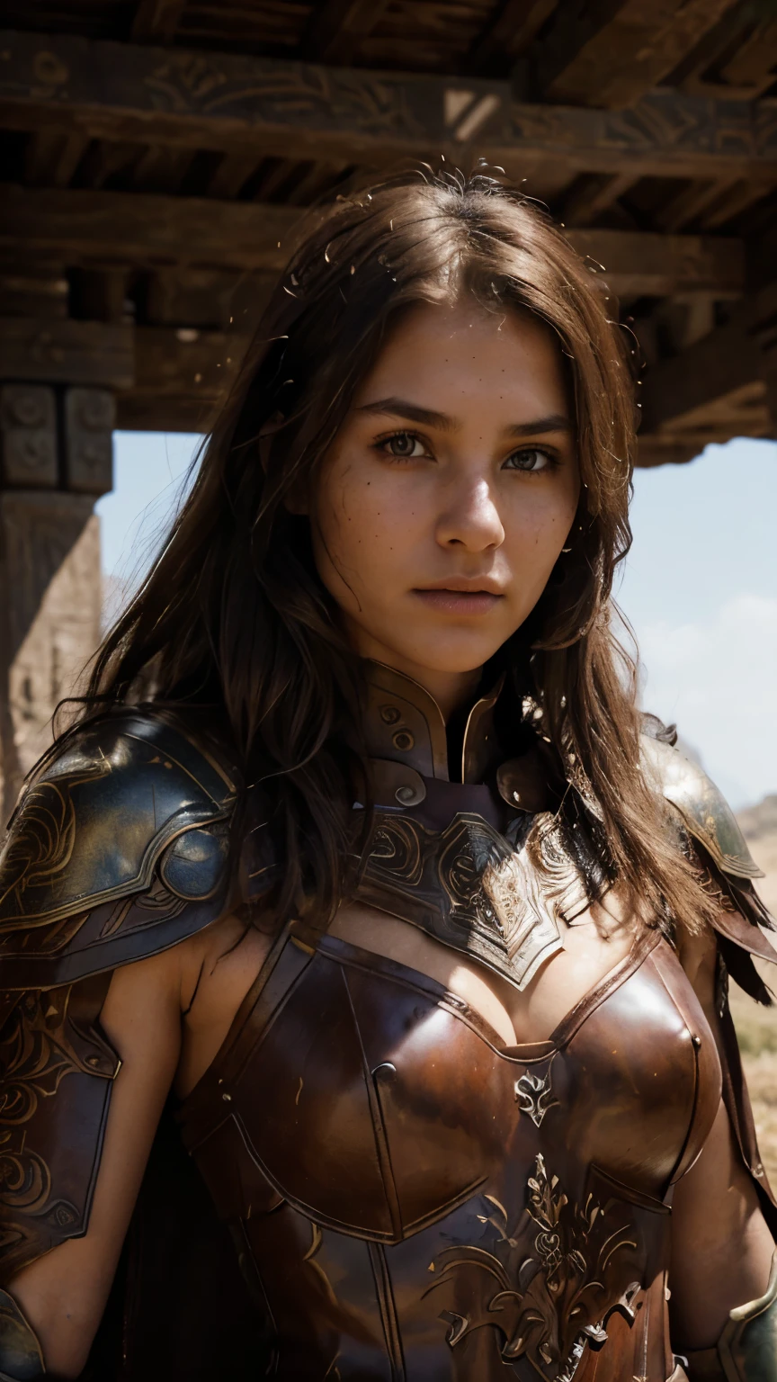 A portrait photo of beautiful girl, warrior girl, merciless face, fair skin and brown hair, brown eyes, developed body, perfect , wearing heavy warrior armors, iron colored armors, the armors is highly detailed engraved and embossed. Brown furry cape, ancient warrior army background, dusty environment, hyper realistic photo, medium shot, fantasy photo