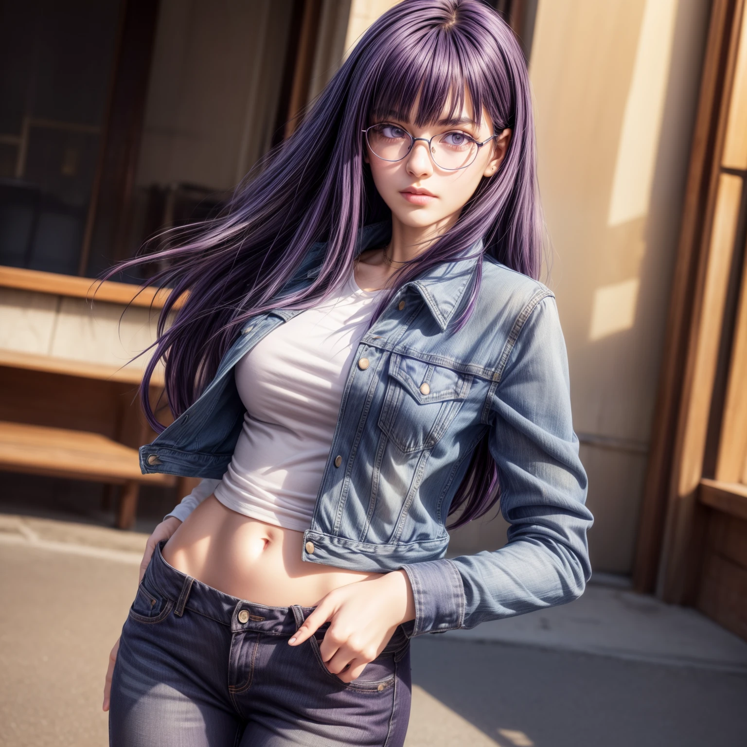 thick outlines, (vibrant shadows), detailed eyes, full height, (high quality), high detailed background, (realistic shadows), masterpiece, high detailed face, high detailed finger, young girl, ((megane)), (((dark purple hair))), (purple eyes), ((long hair)), (((skinny body))), (slim waist), ((narrow hips)), skinny legs, (slender legs), medium breast, (realistic style), curvy, torn denim suit, short denim jacket, thight pants, thight jacket, burn mark