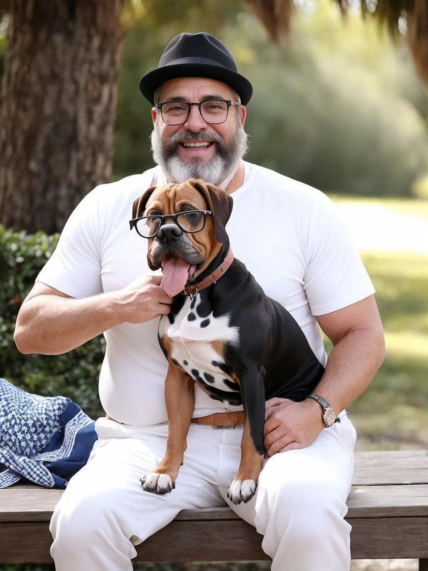 Veste roupas da moda, mesa,alta qualidade,altamente detalhado,cena intensa, solid, Gritty Reality Scenario for 42 Year Old Sexy Fat Bearded Man,cheio de suor,corpo todo,barriga grande, prescription glasses or sport glasses , smiling Laughing expression of great happiness, wearing a hat or wearing a hat on the head, ((Vestindo blusa de passeio, uma bermuda branco)),rosto atordoado,Abra as pernas, Florida square environment luxurious outdoor place, He walks his English Cocker Spaniel or English Bulldog, Dalmatians, collie, Maltese, he affectionately holds the dog in his arm or holds him petting him on his lap.