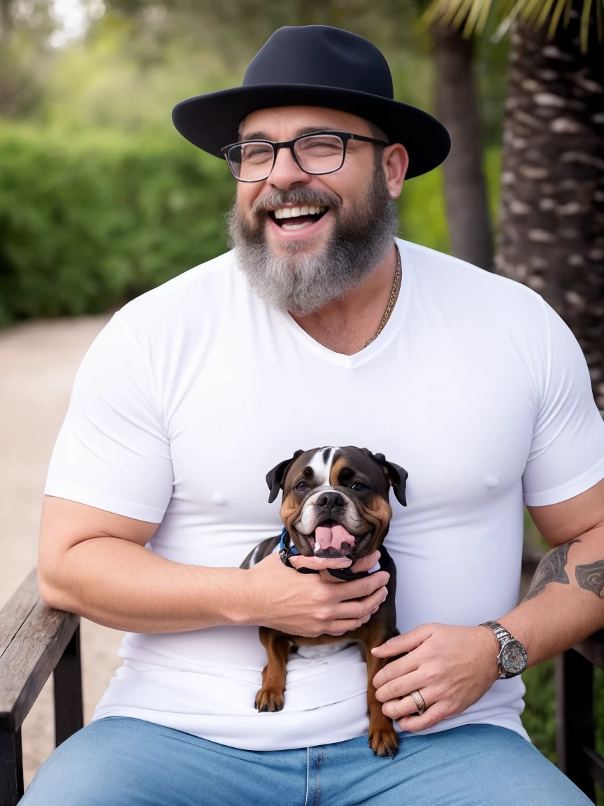 Veste roupas da moda, mesa,alta qualidade,altamente detalhado,cena intensa, solid, Gritty Reality Scenario for 42 Year Old Sexy Fat Bearded Man,cheio de suor,corpo todo,barriga grande, prescription glasses or sport glasses , smiling Laughing expression of great happiness, wearing a hat or wearing a hat on the head, ((Vestindo blusa de passeio, uma bermuda branco)),rosto atordoado,Abra as pernas, Florida square environment luxurious outdoor place, He walks his English Cocker Spaniel or English Bulldog, Dalmatians, collie, Maltese, he affectionately holds the dog in his arm or holds him petting him on his lap.