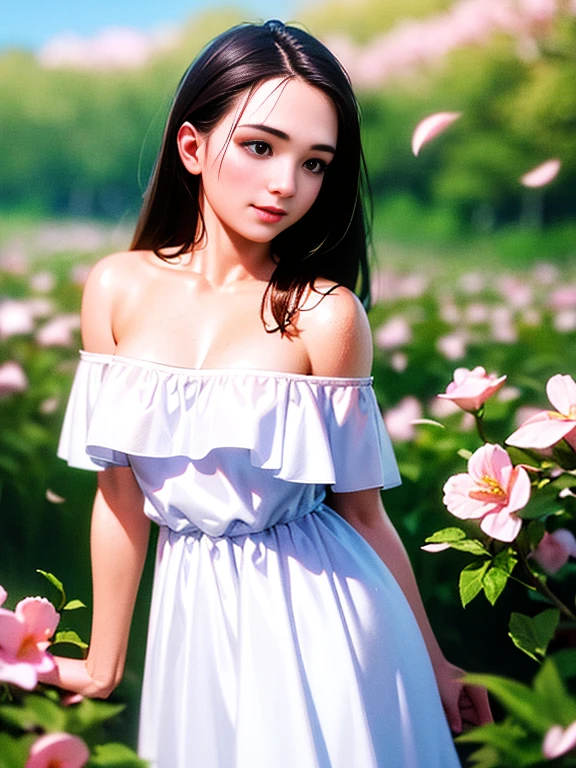 Best quality, masterpiece, ultra high res, (photorealistic:1.4), raw photo, 1girl, white dress, off shoulder, blossom flower field, glowing skin, light smile