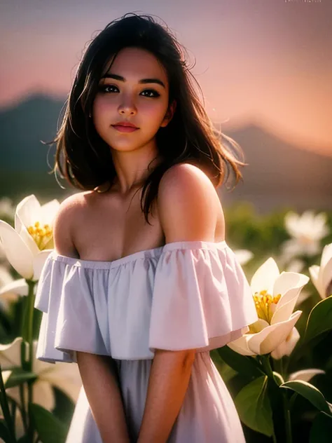 best quality, masterpiece, ultra high res, (photorealistic:1.4), raw photo, 1girl, white dress, off shoulder, blossom flower fie...