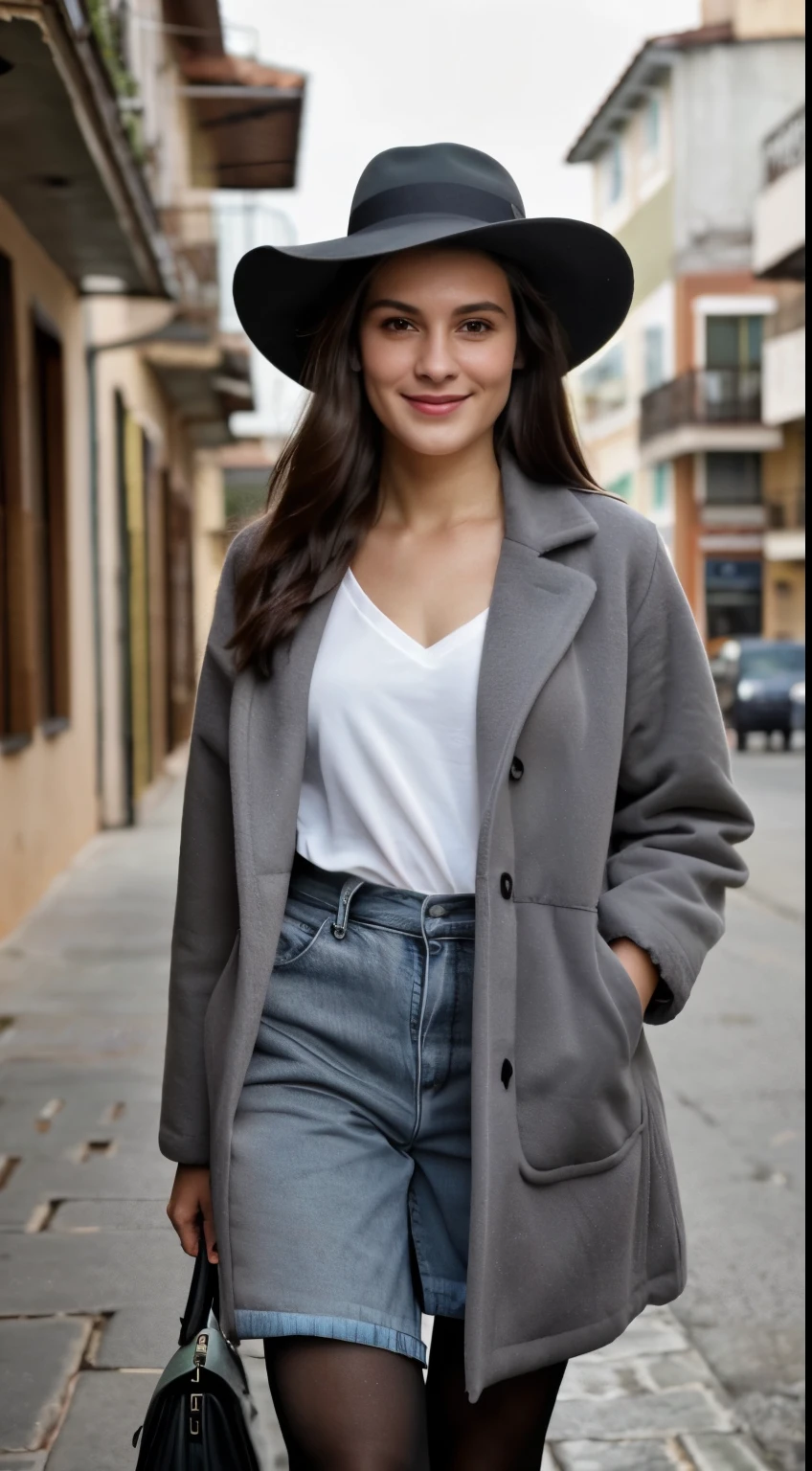 realistic front photo of a 27 year old beatiful dark hair girl brazilian walking on the street, raw photo, beautiful skin, top quality, posing, 4k, smiling, hat, gray coat, watching the sky