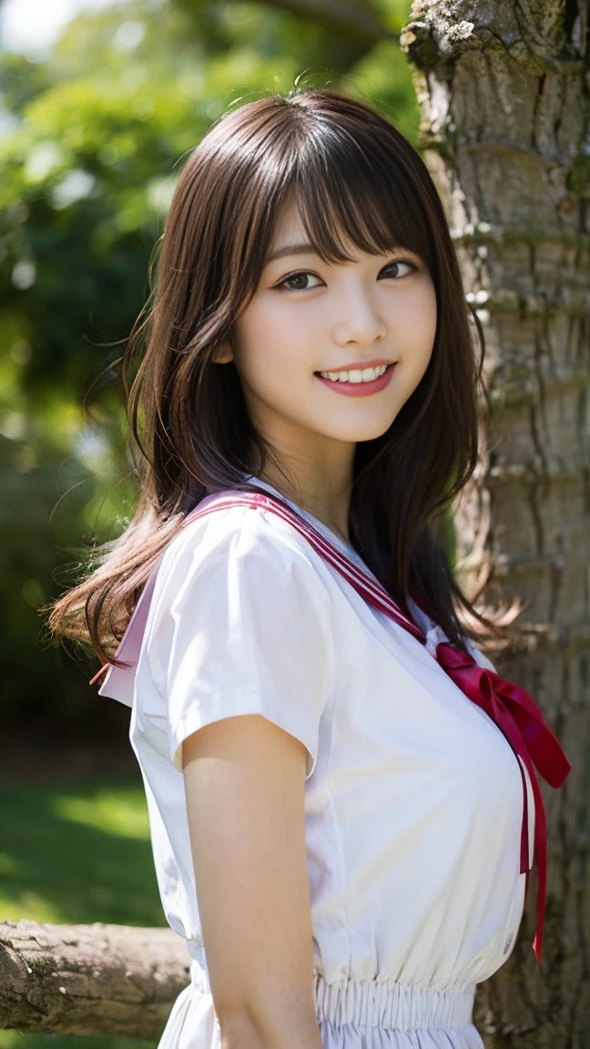 (8K、Raw photography、taken from distance, top-quality、masterpiece:1.2)、(realisitic、Photorealsitic:1.37)、ultra-detailliert、超A high resolution、女の子1人、see the beholder、beautifull detailed face、A smile、Constriction、(Slim waist) :1.3)、Beautiful detailed skin、Skin Texture、Floating hair、Professional Lighting、Whole human body、japanese hight school uniform、a sailor suit、Twin Hairstyles、E-cup、Happy smile、、Red ribbons、a baby face、in wood the Rising Sun々Passing sunshine、Deities々Shikai、Hair fluttering in the wind、the wind、cherry blossom in full bloom、Cherry blossom confetti