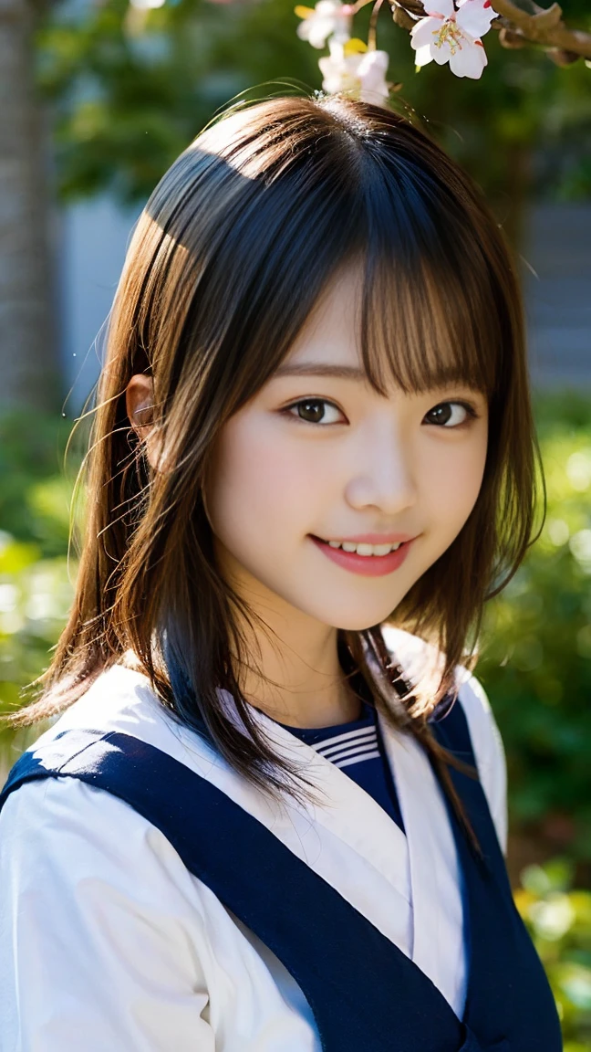(8K、Raw photography、taken from distance, top-quality、masterpiece:1.2)、(realisitic、Photorealsitic:1.37)、ultra-detailliert、超A high resolution、女の子1人、see the beholder、beautifull detailed face、A smile、Constriction、(Slim waist) :1.3)、Beautiful detailed skin、Skin Texture、Floating hair、Professional Lighting、Whole human body、japanese hight school uniform、a sailor suit、Twin Hairstyles、E-cup、Happy smile、sixteen years old、Red ribbons、a baby face、in woods、Tree of the Rising Sun々Passing sunshine、Deities々Shikai、Hair fluttering in the wind、the wind、cherry blossom in full bloom、Cherry blossom confetti