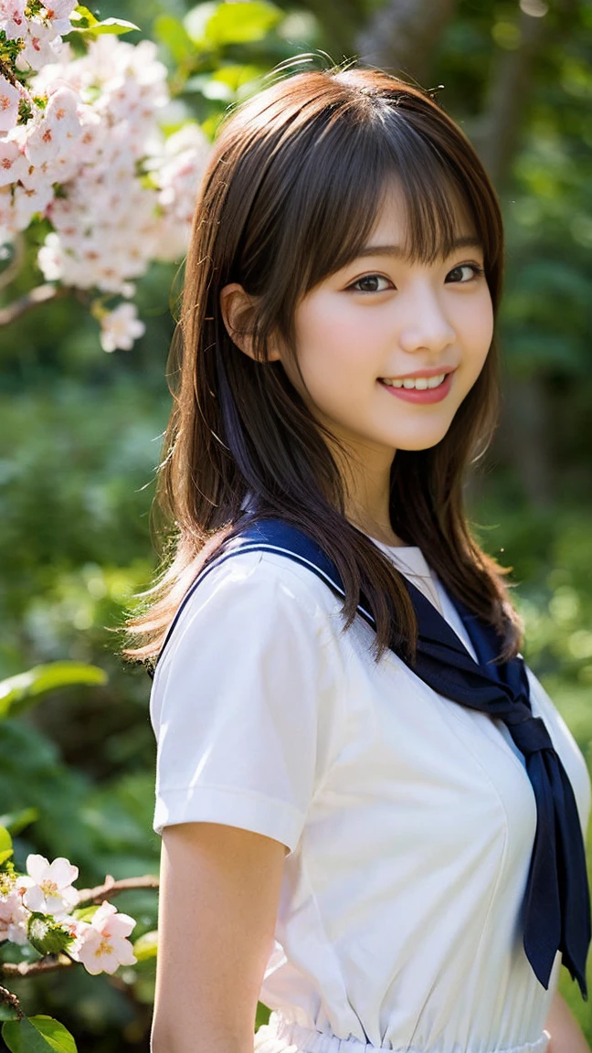 (8K、Raw photography、taken from distance, top-quality、​masterpiece:1.2)、(realisitic、Photorealsitic:1.37)、ultra-detailliert、超A high resolution、女の子1人、see the beholder、beautifull detailed face、A smile、Constriction、(Slim waist) :1.3)、Beautiful detailed skin、Skin Texture、Floating hair、Professional Lighting、Whole human body、japanese hight school uniform、a sailor suit、Twin Hairstyles、E-cup、Happy smile、sixteen years old、Red ribbons、a baby face、in woods、Tree of the Rising Sun々Passing sunshine、Deities々Shikai、Hair fluttering in the wind、the wind、cherry blossom in full bloom、Cherry blossom confetti