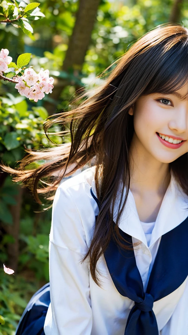 (8K、Raw photography、taken from distance, top-quality、masterpiece:1.2)、(realisitic、Photorealsitic:1.37)、ultra-detailliert、超A high resolution、1人、see the beholder、beautifull detailed face、A smile、Constriction、(Slim waist) :1.3)、Beautiful detailed skin、Skin Texture、Floating hair、Professional Lighting、Whole human body、japanese hight school uniform、a sailor suit、Twin Hairstyles、E-cup、Happy smile、sixteen years old、Red ribbons、a baby face、in woods、Tree of the Rising Sun々Passing sunshine、Deities々Shikai、Hair fluttering in the wind、the wind、cherry blossom in full bloom、Cherry blossom confetti