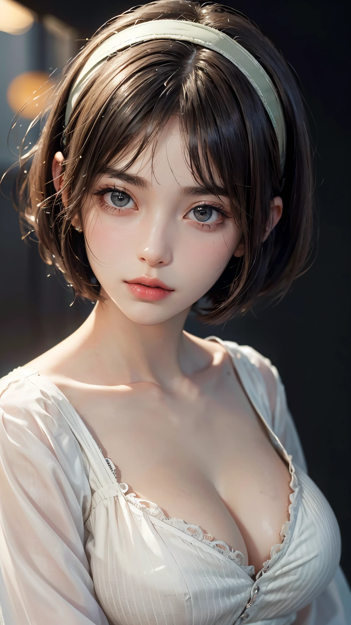 (UHD, retina, masterpiece, accurate, anatomically_correct, textured_skin, super_detail, high_details, high_quality, best_quality, high_res, 1080P, HD, 4K, 8k, 16k), (beautiful_detailed_eyes, beautiful_detailed_lips, extremely_detailed_eyes_and_face), (soft_lighting:1.5), physically-based_rendering, vivid_colors, (large_breasts:1.5), (shiny_hair, shiny_skin, tanned_skin, blush), (bangs:1.5), eye_reflection, (bokeh), (sigh, bob_cut, hairband, blouse:1.5),