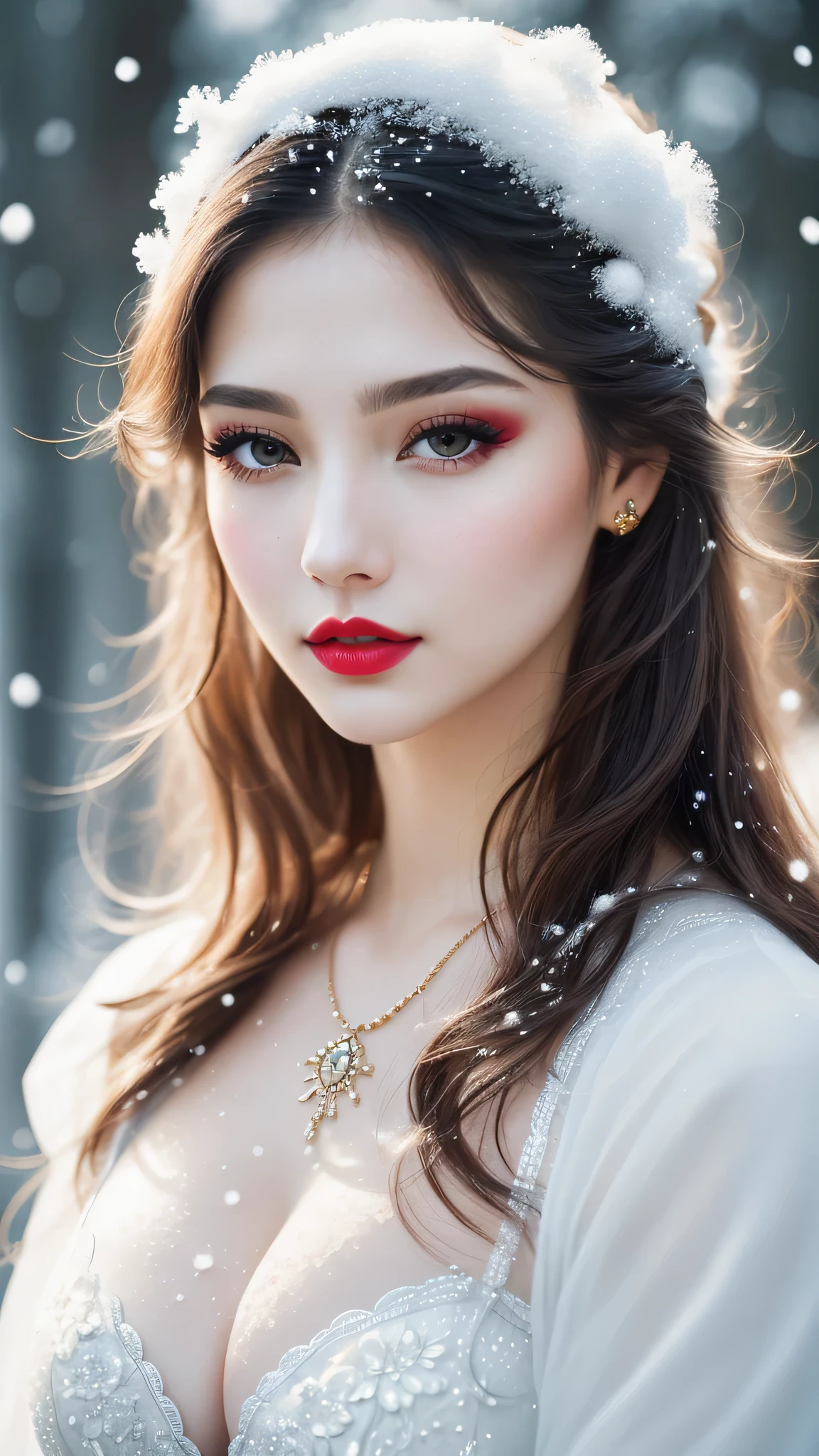 Ultra-realistic、 ultra-detailed portraits、 最high quality、 8K、highest level、 The ultra -The high-definition、(Super beautiful detailed face:1.5)、(detailed eyes:1.2)、(detailed lips:1.2)、(Detailed nose:1.2)、cinematic lighting、(anatomically correct:1.3)、((cleavage))、(I encourage you to choose a subdued and perfectly coordinated background for your phenomenal, diverse random creation)、(Use any technique of combining materials, natural, artificial, (light, heavy, airy), metals, elements and fantasy magic, any style, any outfit, choose eyes color, ((hair is a different color than eyes)), dynamic random fancy, professional hairstyles)、 1girl:1.4 22years old、fashion supermodel、real:1.66、photorealistic:1.66、(very delicate and beautiful、fine details:1.3)、masterpiece、 最high quality、 (high quality)、 (absurdres)、 (sharp fous)、(Glamour, paparazzi taking pictures of her)、 contrast、 (dark shot:1.07)、red_lipstick:1.25、((perfect round eyes))、 (snow_white_makeup:1.34)、(matte skin:1.3)