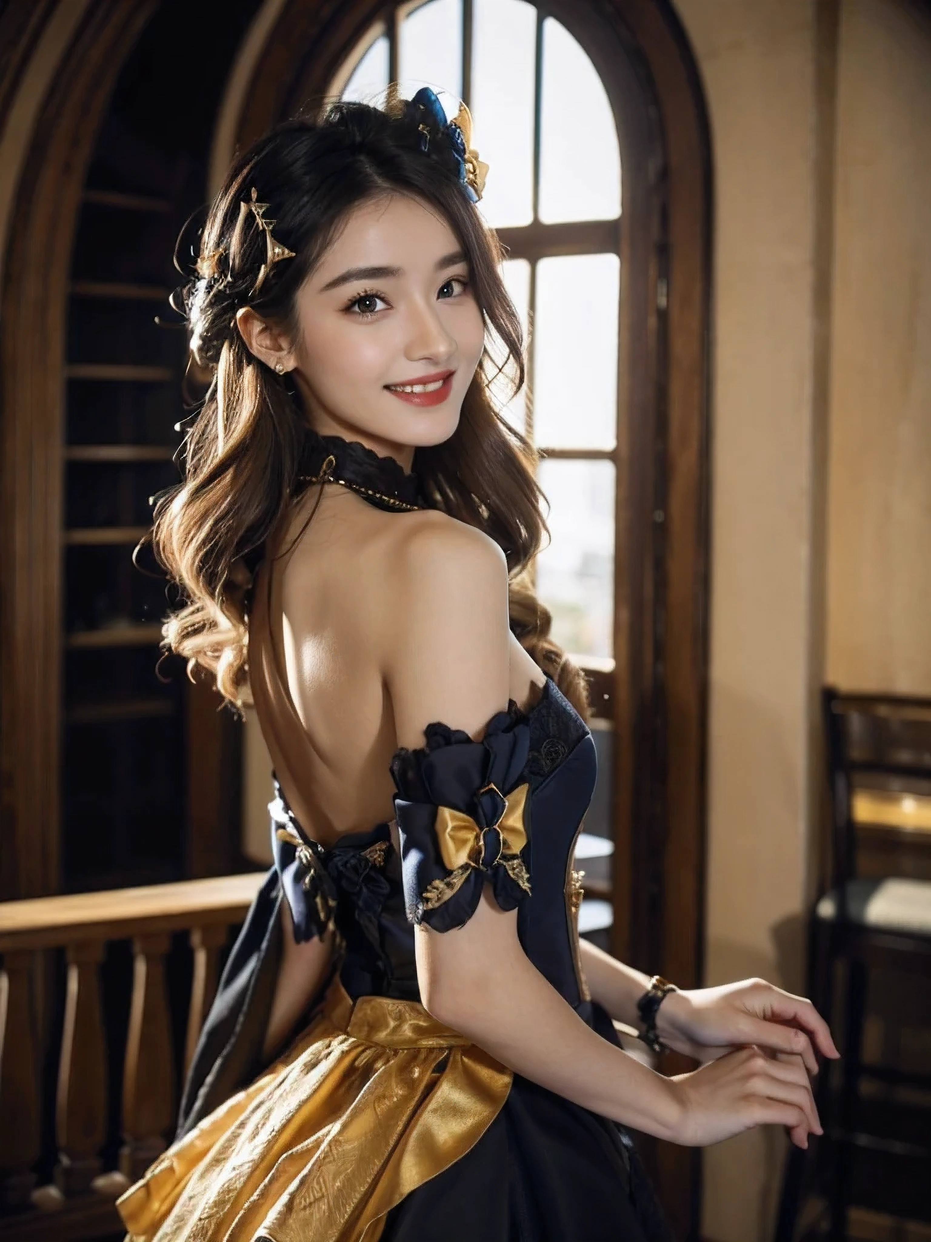 18-year-old girl, people portrait, (smile:1.5), (off shoulder), back view, 
navia /(genshin impact/), (looking at viewer), (cleavage, breasts), blue diamond necklace, 
black ornate gown, (a navy and white bodice), sleeveless low-cut bodice, golden decorations, open back, extremely beautiful face, detailed face, detached sleeves, white ruffles, navy bows on sleeves, (off the shoulder puff trimmed with black lace, white ruffles and navy and yellow bows) , long hair, curly hair, golden hair, (blonde ombre hair), tighter-fitting sleeves with golden decorations and blue stones, 
black and yellow long skirt, long train, open skirt at front, 
masterpiece, best quality,highres, 1girl, navia, black headwear, wariza, bare shoulders，sufficient light, 85mm, Canon, f/2.8, UHD,RAW,retina, masterpiece, ccurate, anatomically correct, textured skin, super detail, high details, high quality, award winning, best quality, highres, 8k,a girl,
 black thighhighs