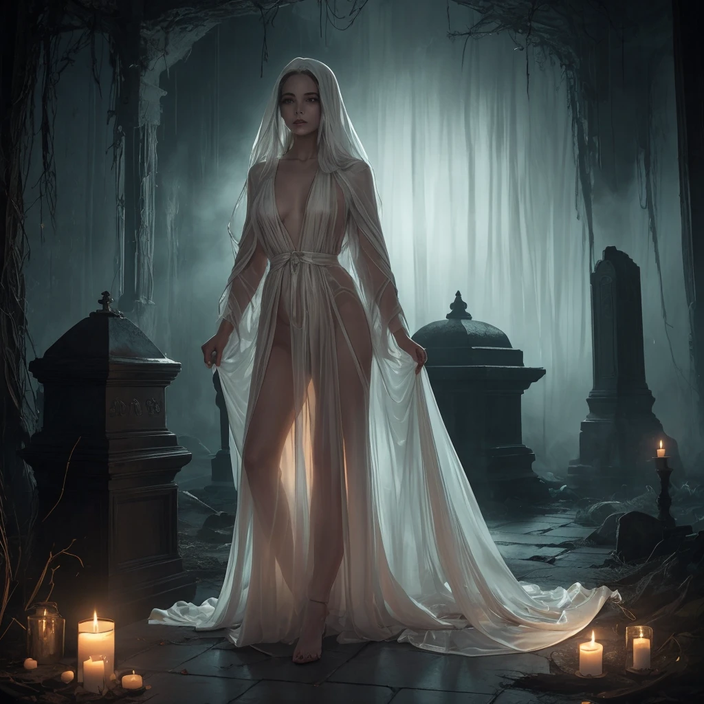 (a ghostly, ethereal, ethereal:1.ung woman with (long, floor-length) (translucent, flowing) attire, resembling a cloak. She has (very long, flowing, cascading) hair that adds to her ghostly appearance. Her face is (gaunt, pale, ghostly), with a touch of (sorrow, mystery). The atmosphere around her is (gloomy, haunting), filled with (darkness, shadows). The setting is (dimly lit, candlelit), adding to the overall (obscurity, mysteriousness). In the background, there is a (sarcophagus, tomb, cemetery), partially (exposed, open). The scene exudes an eerie ambiance, with a hint of (nsfw, sensual) undertones, as if unveiling secrets from the past.