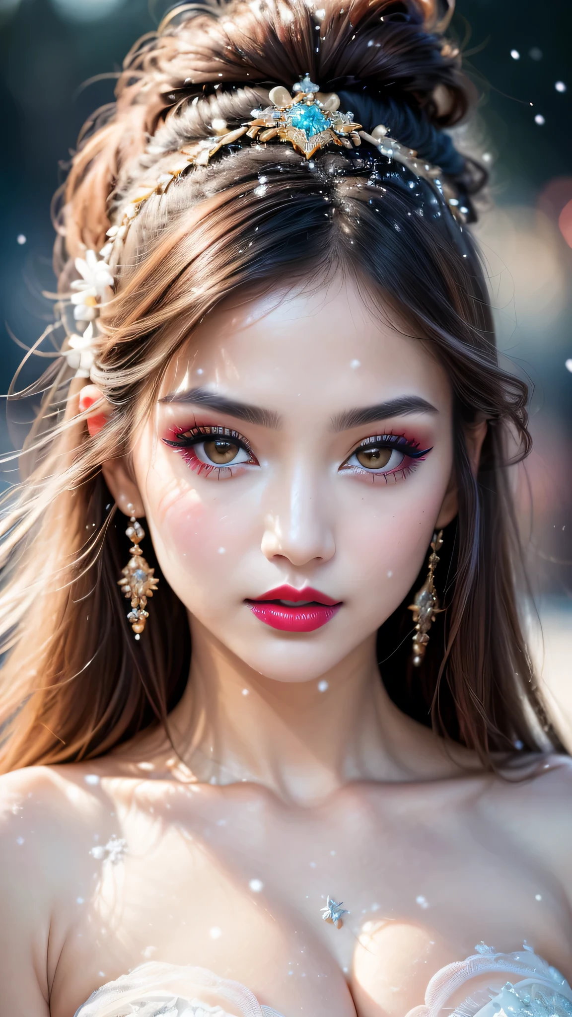 Ultra-realistic、 ultra-detailed portraits、 最high quality、 8K、highest level、 The ultra -The high-definition、(Super beautiful detailed face:1.5)、(detailed eyes:1.2)、(detailed lips:1.2)、(Detailed nose:1.2)、cinematic lighting、(anatomically correct:1.3)、((cleavage))、(I encourage you to choose a subdued and perfectly coordinated background for your phenomenal, diverse random creation)、(Use any technique of combining materials, natural, artificial, (light, heavy, airy), metals, elements and fantasy magic, any style, any outfit, choose eyes color, ((hair is a different color than eyes)), dynamic random fancy, professional hairstyles)、 1girl:1.4 22years old、fashion supermodel、real:1.66、photorealistic:1.66、(very delicate and beautiful、fine details:1.3)、masterpiece、 最high quality、 (high quality)、 (absurdres)、 (sharp fous)、(Glamour, paparazzi taking pictures of her)、 contrast、 (dark shot:1.07)、red_lipstick:1.25、((perfect round eyes))、 (white snow_makeup:1.34)、(matte skin:1.3)