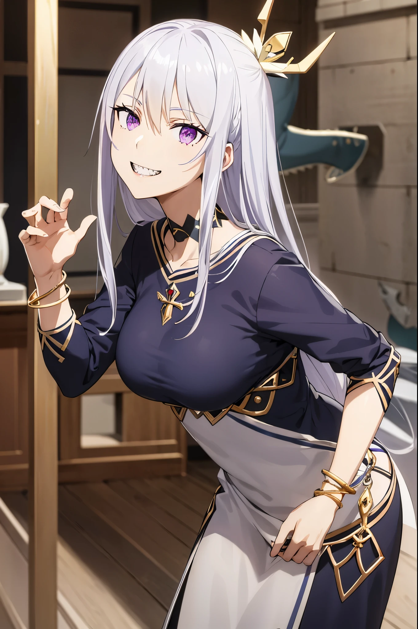 (masterpiece, best quality),  intricate details,, 1girl,     Gura, silver hair, purple eyes, shark hair ornament, gold hair ornament, gold choker, gold bracelet, sharp teeth, grin, blue hoodie,,  greek clothes, peplos,