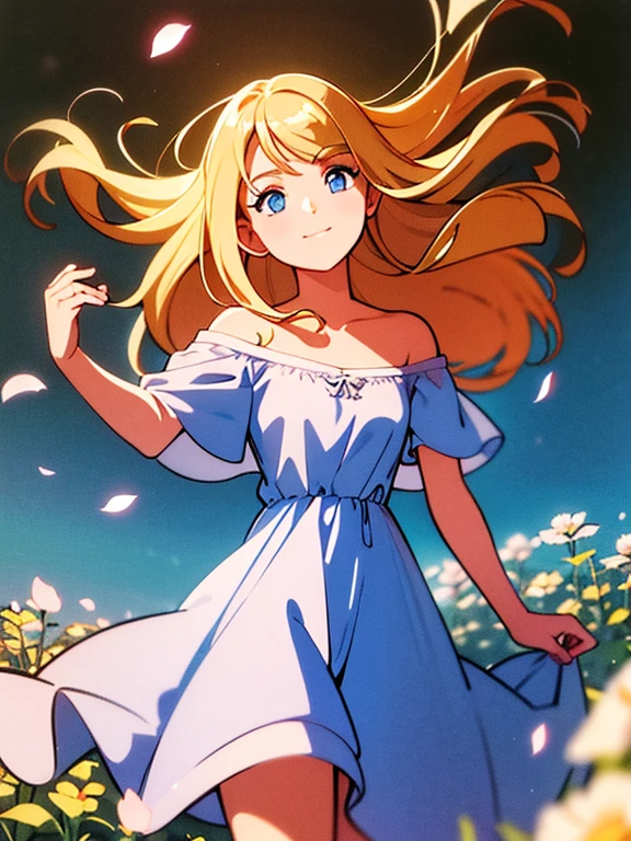 Best quality, masterpiece, ultra high res, 2D illustration, solo, 1 girl, blonde hair, blue eyes, white dress, off shoulder, blossom flower field, glowing skin, light smile