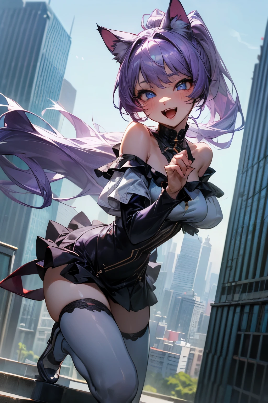 1girl, short dark purple hair, (((detailed dark purple anime eyes))), detailed body, black thigh highs, black boots, masterpiece, high res, best quality, (((anime art)))