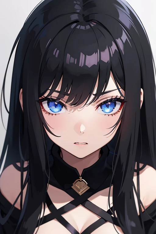 anime girl with long black hair and blue eyes staring at the camera, she has black hair with bangs, black hair and large eyes, beautiful anime portrait, girl with black hair, she has black hair, 25 years old anime goth girl, stunning anime face portrait, sui ishida with black hair, detailed portrait of anime girl, raven black hair. receiving oral sex in the vagina