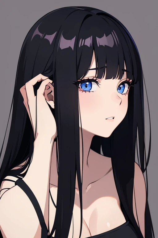 anime girl with long black hair and blue eyes staring at the camera, she has black hair with bangs, black hair and large eyes, beautiful anime portrait, girl with black hair, she has black hair, 25 years old anime goth girl, stunning anime face portrait, sui ishida with black hair, detailed portrait of anime girl, raven black hair. receiving oral sex in the vagina