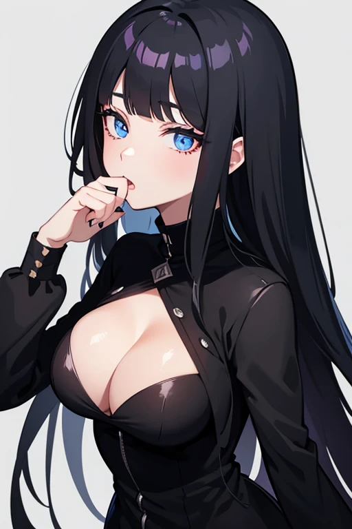 anime girl with long black hair and blue eyes staring at the camera, she has black hair with bangs, black hair and large eyes, beautiful anime portrait, girl with black hair, she has black hair, 25 years old anime goth girl, stunning anime face portrait, sui ishida with black hair, detailed portrait of anime girl, raven black hair. receiving oral sex in the vagina