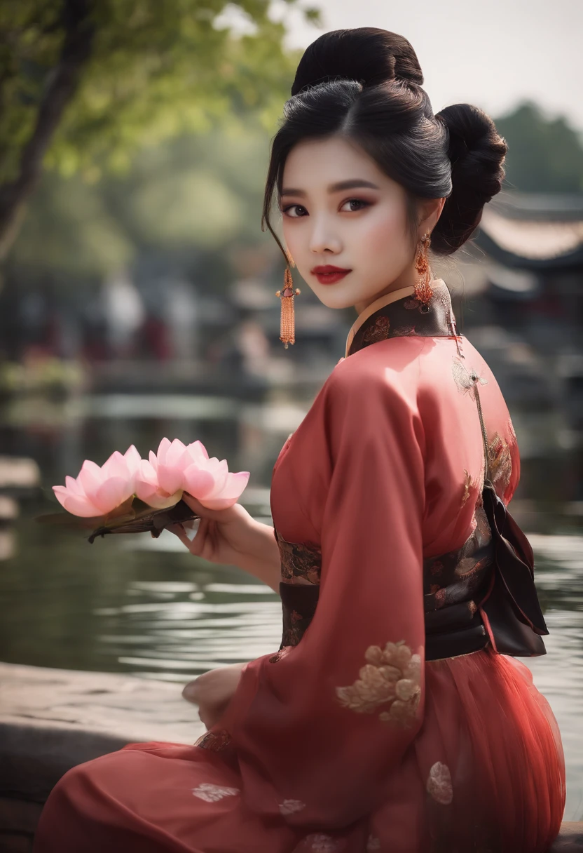 1 girl, alone, Cute pretty bun，16 years old，Hair black (looking into camera: 1.1) Lively and playful expression，Chinese garden，pond，lotus，Chinese style _Lolita, Style quadratic，best quality，exquisite,Mouth,The facial details are very rich,blush,粉红色的Mouth唇,娇嫩的Mouth唇, 