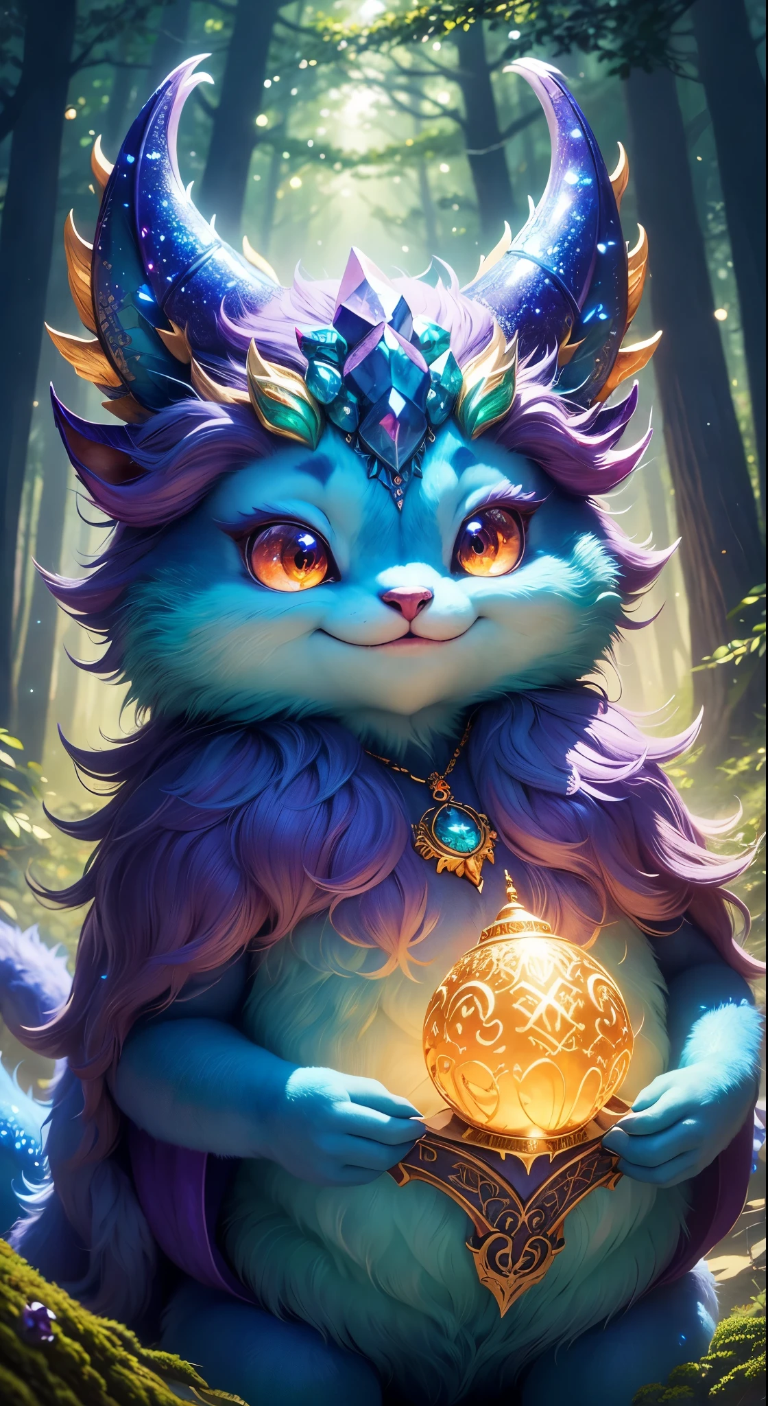 Cute magical monster, detailed 8k gorgeous bright with lots of quality, enchanting forest background, vibrant colors, glowing eyes, fluffy fur, sparkling scales, whimsical horns, intricate patterns, playful expression, mischievous smile, magical aura, captivating pose, lively and dynamic, fantasy art style