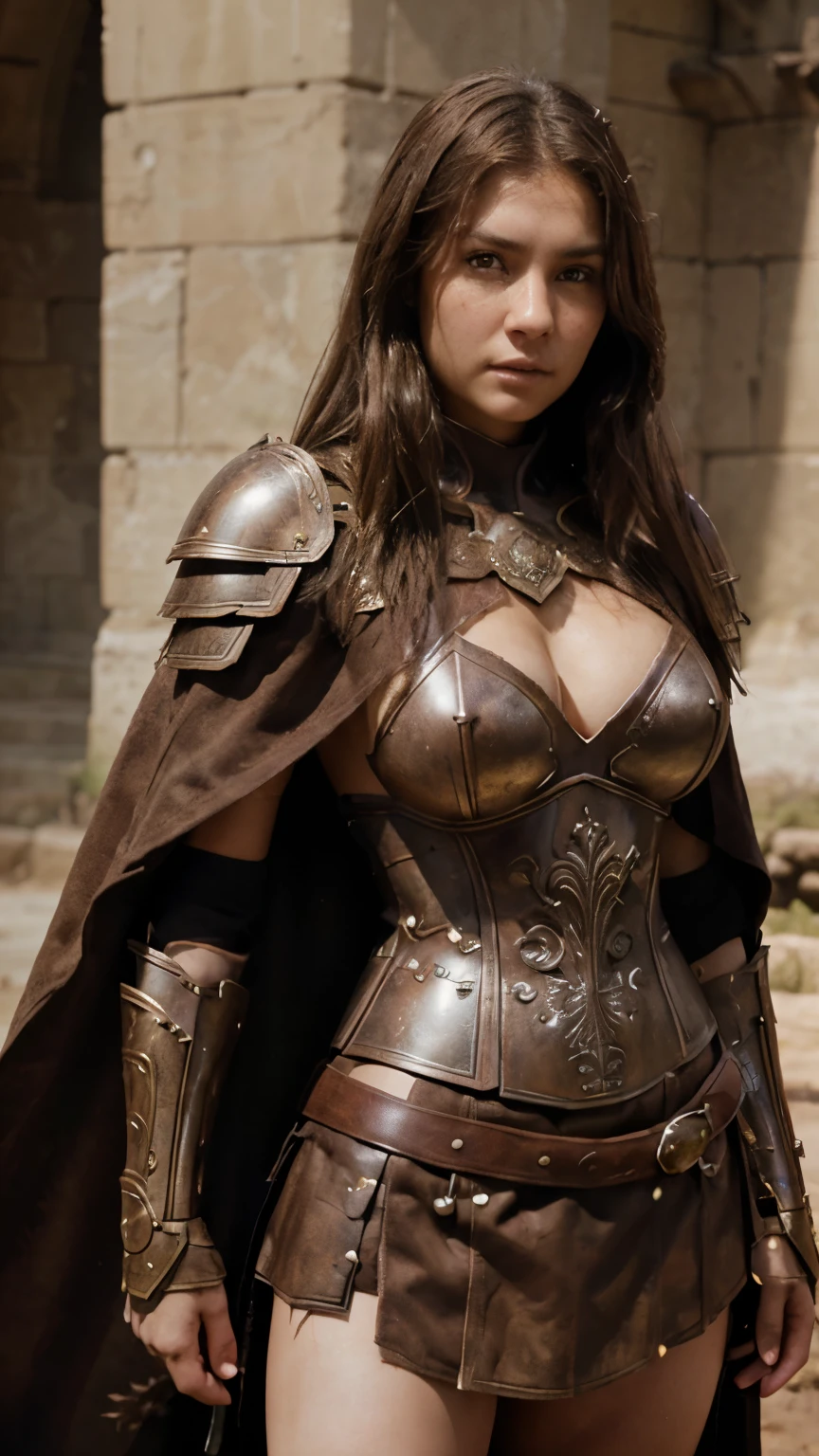 A portrait photo of beautiful girl, warrior girl, merciless face, fair skin and brown hair, brown eyes, developed body, perfect breast , wearing heavy warrior armors, cleavage, iron colored armors, the armors is highly detailed engraved and embossed. Brown furry cape, ancient warrior army background, dusty environment, hyper realistic photo, medium shot, fantasy photo