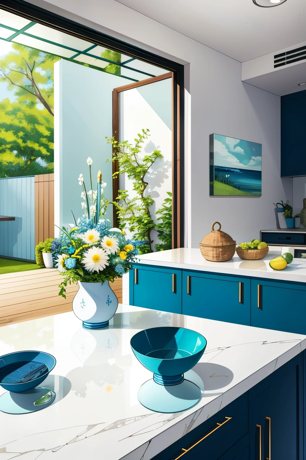 An enticing advertisement for a collection of kitchen utensils, featuring a captivating blue and green color scheme. The image showcases an assortment of elegant and functional tools, meticulously arranged on a pristine white countertop. Vibrant hues of blue and green are incorporated throughout the design, bringing a refreshing and inviting feel to the scene.

The utensils themselves are depicted with sleek lines and subtle textures, evoking a sense of modern sophistication. Wildflowers and herbs gracefully spill from colorful ceramic pots nearby, adding a touch of nature to the setting. The overall design exudes a clean and tranquil atmosphere, promising to make