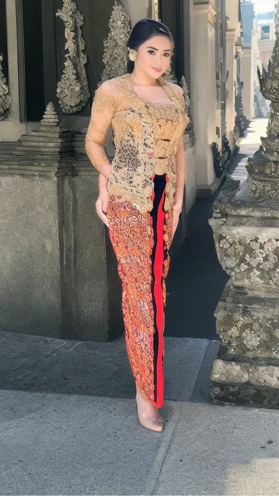 
(8k, RAW photo, best quality, masterpiece:1.2),woman, portrait of woman wearing kebaya_bali in traditional black long kebaya, red lipstick, gold necklace, earrings, decoration, detail, flowers, blurred background, soft focus,SFW:1.3),(Full Body:1.7),(cute face:1.3),(big breasts:1.3),(high heels:1.3),(big hips1.3), (medium thighs:1.3),(covered breasts:1.3),(bust cleavage:1.1),(lipgloss:1.3),(Cute eyes:1.3),(Red lips:1.3),(Smooth skin texture:1.3),( Precise and perfect human anatomy: 1.3),(Beautiful and perfect facial features: 1.3), (Long eyelashes: 1.3),(Red lips: 1.3),(Shiny and textured lips: 1.3),(Smooth skin texture: 1.3),(earrings: 1.3),(Beautiful detailed eyes: 1.3),(Natural Color Lips: 1.3),(Beautiful face: 1.3),(kebaya_bali:1.7)