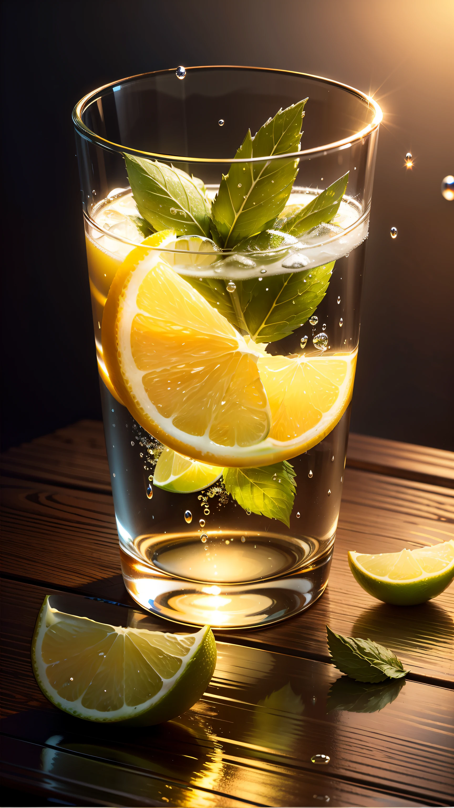 fondo de pantalla, Vidrio transparente, agua con gas, cubos de hielo, small lemon slices, como, plantas tropicales, clima caliente, Detalle HD, humedad, small drops of water, hiperdetalle, movie, Surrealismo, Luz tenue, Bokeh de enfoque de campo profundo, trazado de rayos, diffuse reflection (ultra-fine glass reflection) and Surrealismo. --v6