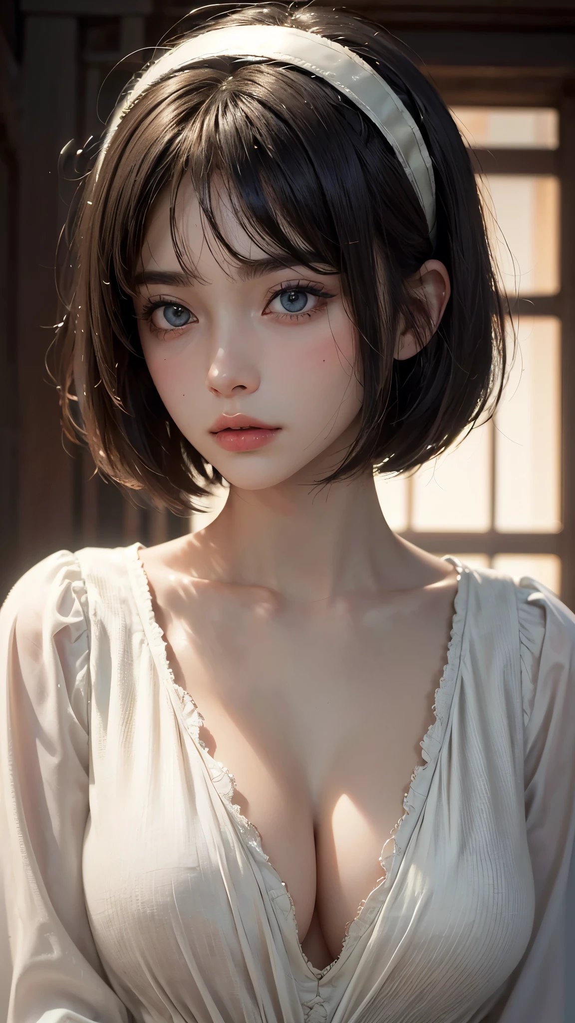 (UHD, retina, masterpiece, accurate, anatomically_correct, textured_skin, super_detail, high_details, high_quality, best_quality, high_res, 1080P, HD, 4K, 8k, 16k), (beautiful_detailed_eyes, beautiful_detailed_lips, extremely_detailed_eyes_and_face), (soft_lighting:1.5), physically-based_rendering, vivid_colors, (large_breasts:1.5), (shiny_hair, shiny_skin, tanned_skin, blush), (bangs:1.5), eye_reflection, (bokeh), (sad, bob_cut, hairband, blouse:1.5),