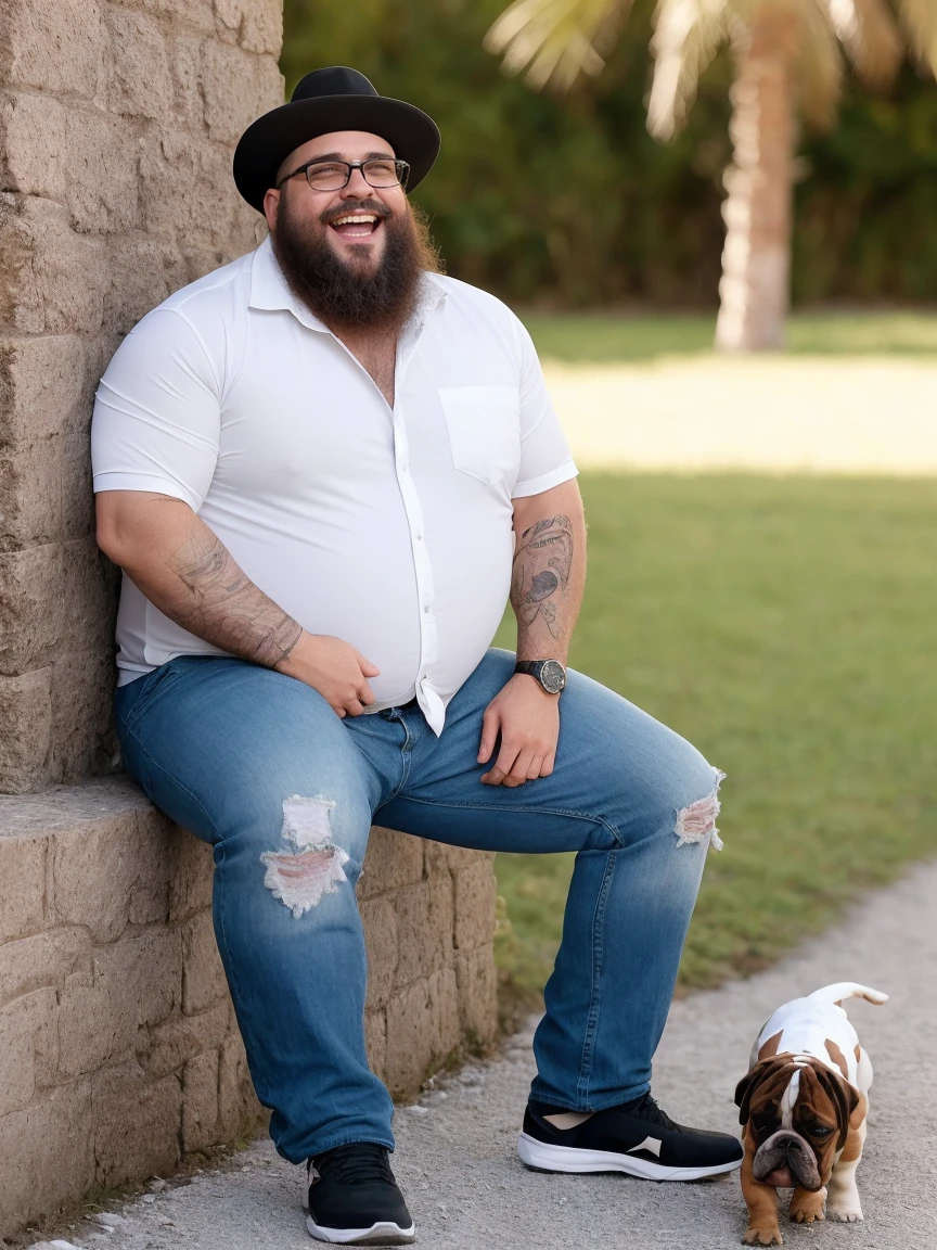 Uma luz amarelada de fim de tarde ilumina o corpo e o ambiente, Veste roupas da moda, mesa,alta qualidade,altamente detalhado,cena intensa, solid, Gritty Reality Scenario for 42 Year Old Sexy Fat Bearded Man,cheio de suor,corpo todo,barriga grande, prescription glasses or sport glasses , smiling Laughing expression of great happiness, wearing a hat or wearing a hat on the head, ((Vestindo blusa de passeio, uma bermuda branco)),rosto atordoado,Abra as pernas, Florida square environment luxurious outdoor place, He walks his English Cocker Spaniel or English Bulldog, Dalmatians, collie, Maltese, he affectionately holds the dog in his arm or holds him petting him on his lap.