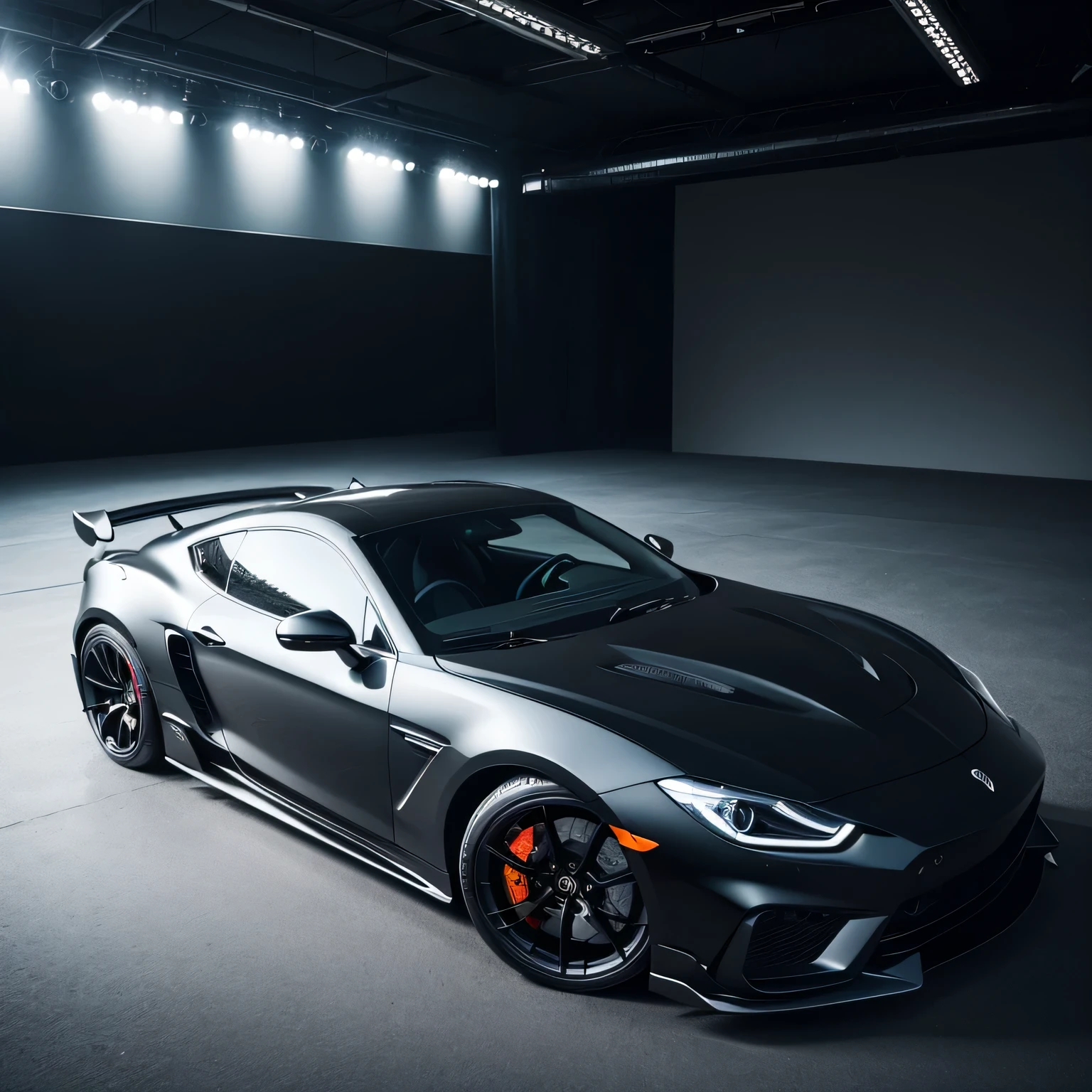 black sports car, modern, minimalistic, in a studio, pov from the front