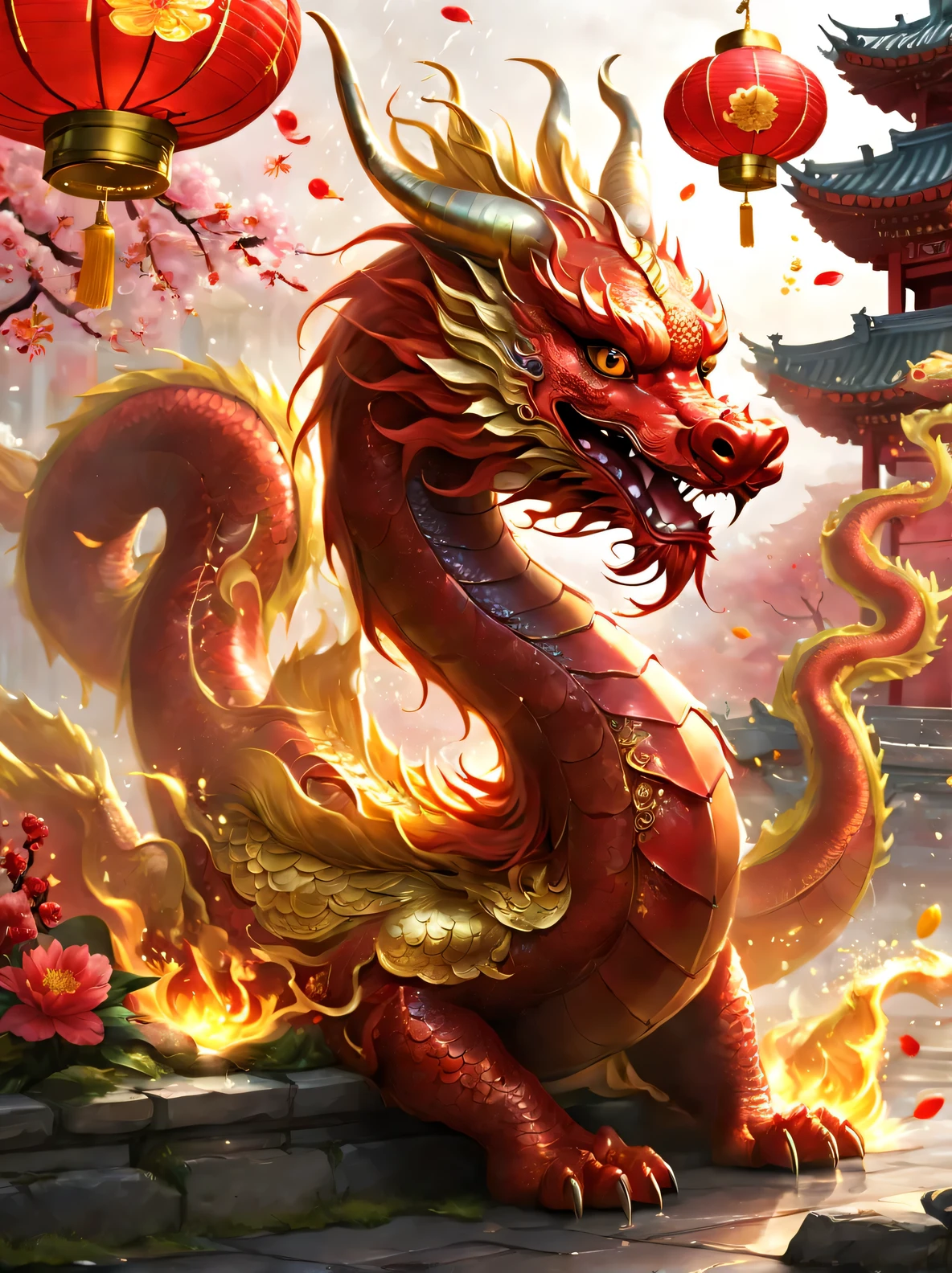 A majestic dragon, Decorated in a gorgeous combination of gold and red, Take center stage in lively Chinese New Year celebrations. This dragon, exuding an aura of flourishing and good fortune, Playfully spitting out a stream of gold coins. Every coin shines, Symbolizes wealth and abundance. The dragon&#39;s body is intricately detailed, The scales sparkle with golden light, Bold red accents highlight. it moves gracefully through the scene, its sinuous shapes undulate like a dance in the air. The dragon is surrounded by colorful lanterns, Their warm glow casts a soft glow over celebrations. The air is filled with excitement like red envelopes, Symbolizes blessing and good luck, rain falls from above, Create a happy and festive atmosphere. This vivid depiction sums up the spirit of the Spring Festival, Capturing the Essence of Updates, flourishing, and the joyful traditions associated with the Year of the Dragon.