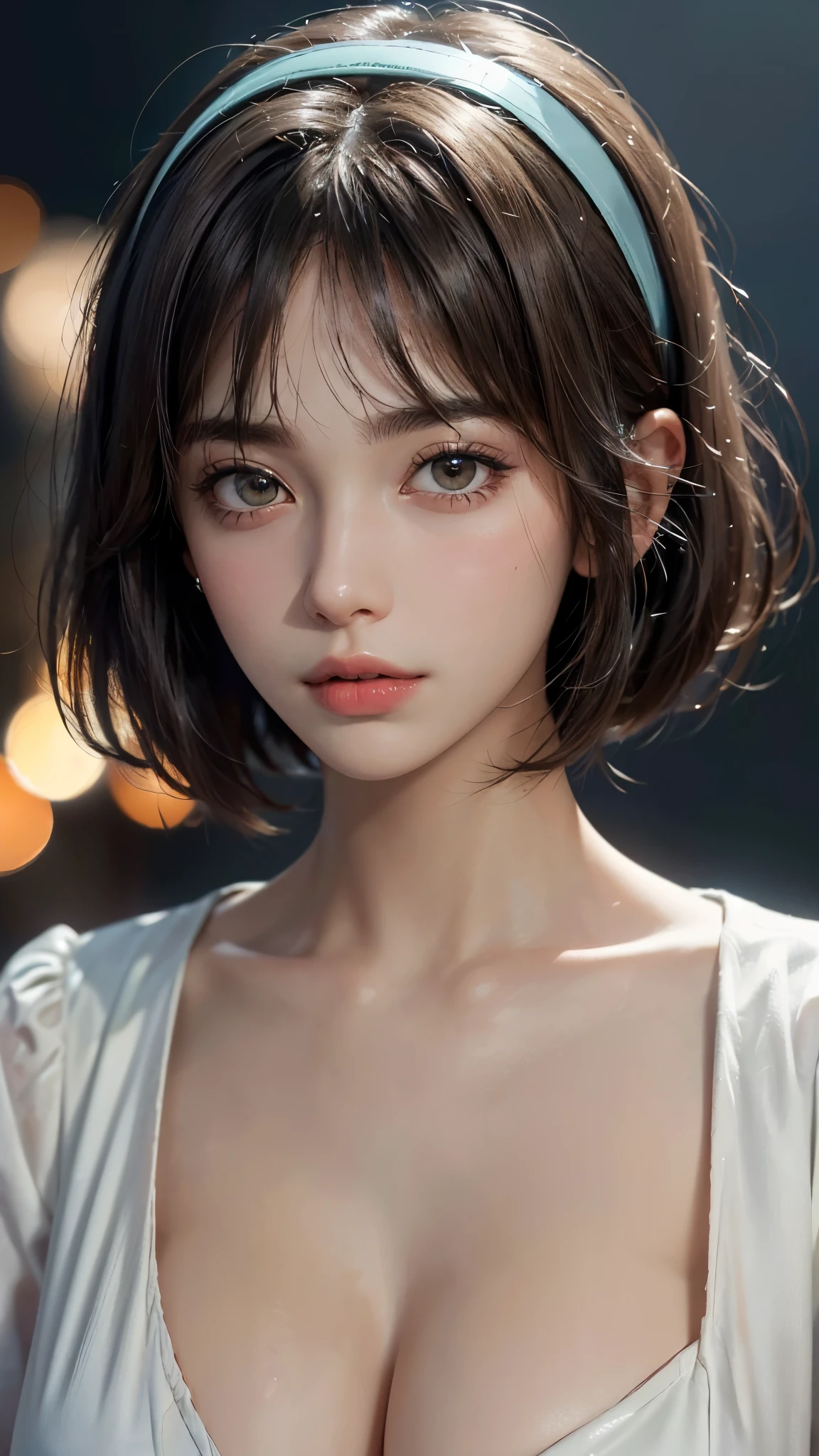 (UHD, retina, masterpiece, accurate, anatomically_correct, textured_skin, super_detail, high_details, high_quality, best_quality, high_res, 1080P, HD, 4K, 8k, 16k), (beautiful_detailed_eyes, beautiful_detailed_lips, extremely_detailed_eyes_and_face), (soft_lighting:1.5), physically-based_rendering, vivid_colors, (large_breasts:1.5), (shiny_hair, shiny_skin, tanned_skin, blush), (bangs:1.5), eye_reflection, (bokeh), (closed_mouth, bob_cut, hairband, blouse:1.5),